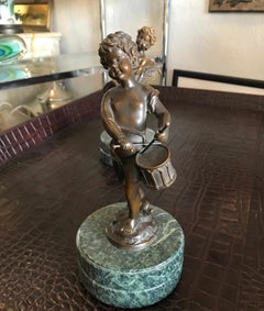 Antique Pair of Bronze Putti Musicians on Green Marble Bases, Circa 1880