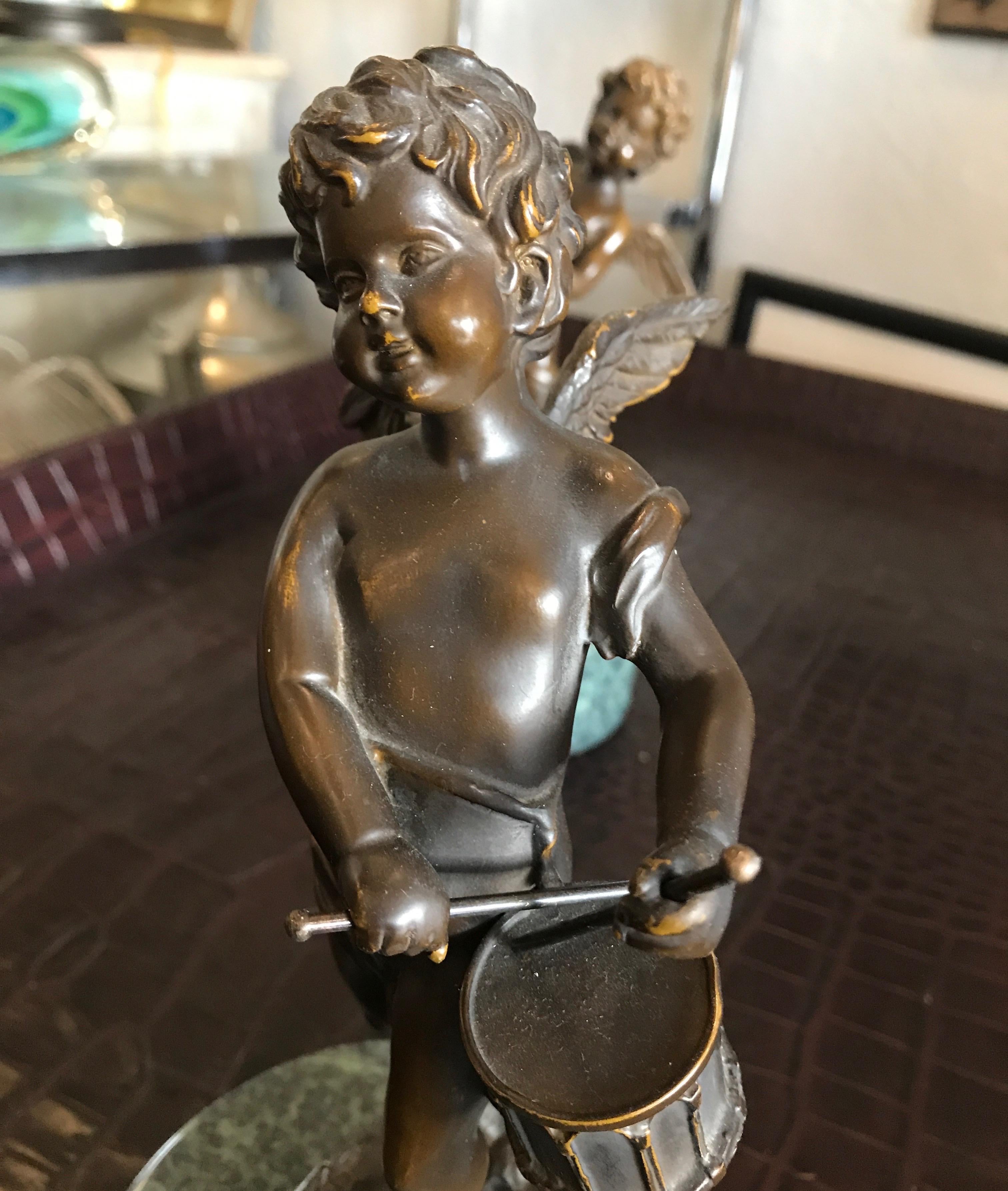 French Pair of Bronze Putti Musicians on Marble Bases by Moreau For Sale