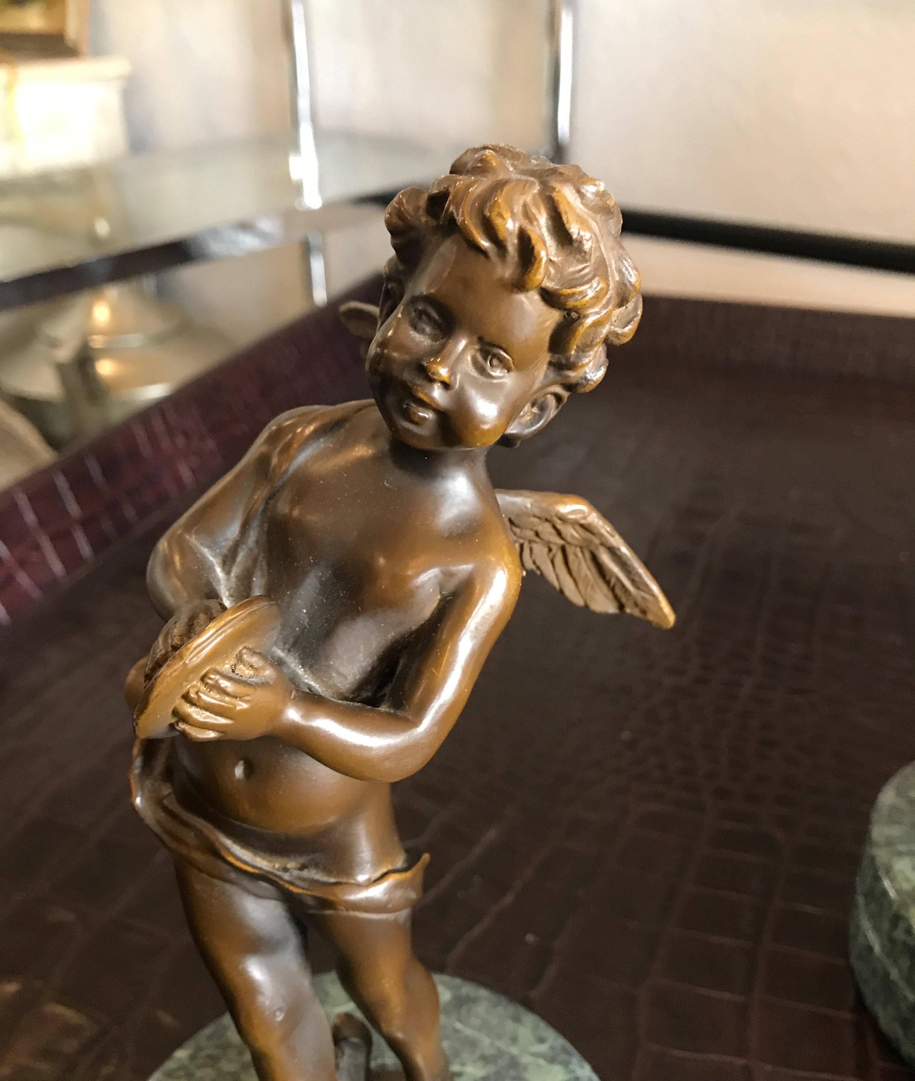 19th Century Pair of Bronze Putti Musicians on Marble Bases by Moreau For Sale