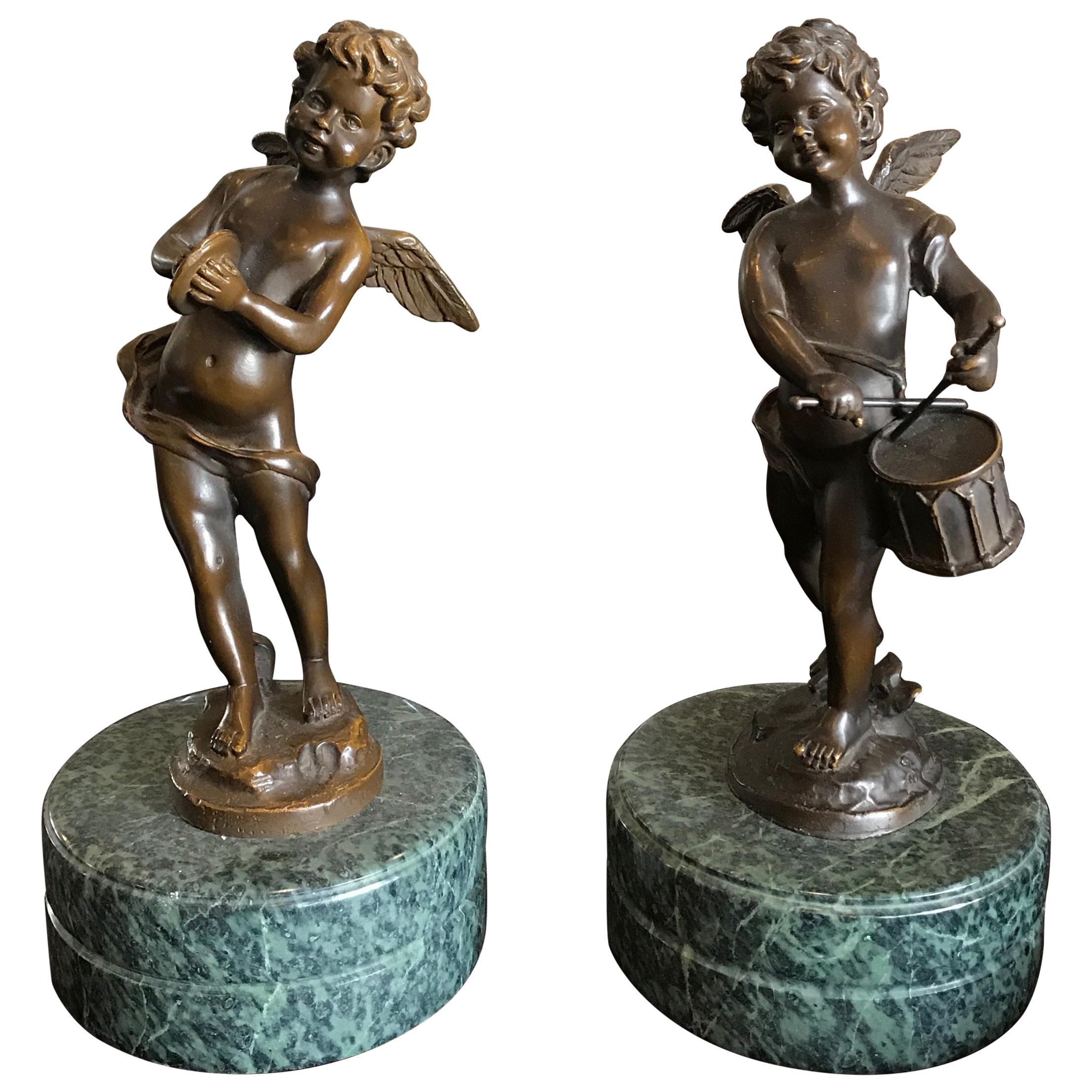 Pair of Bronze Putti Musicians on Marble Bases by Moreau For Sale