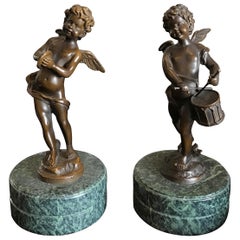 Pair of Bronze Putti Musicians on Marble Bases by Moreau