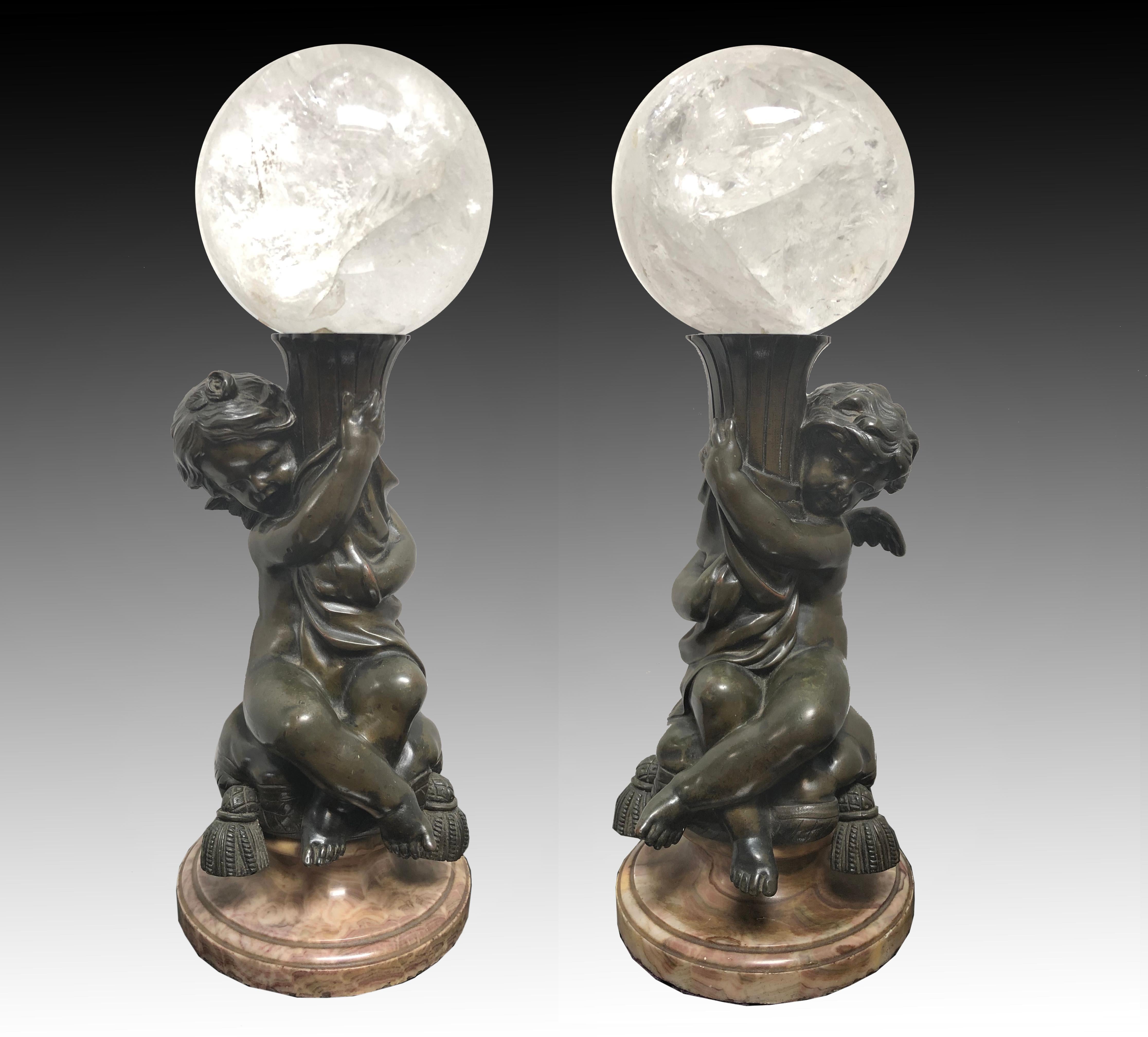 Baroque Pair of Bronze Putti  With Rock Crystal Spheres For Sale