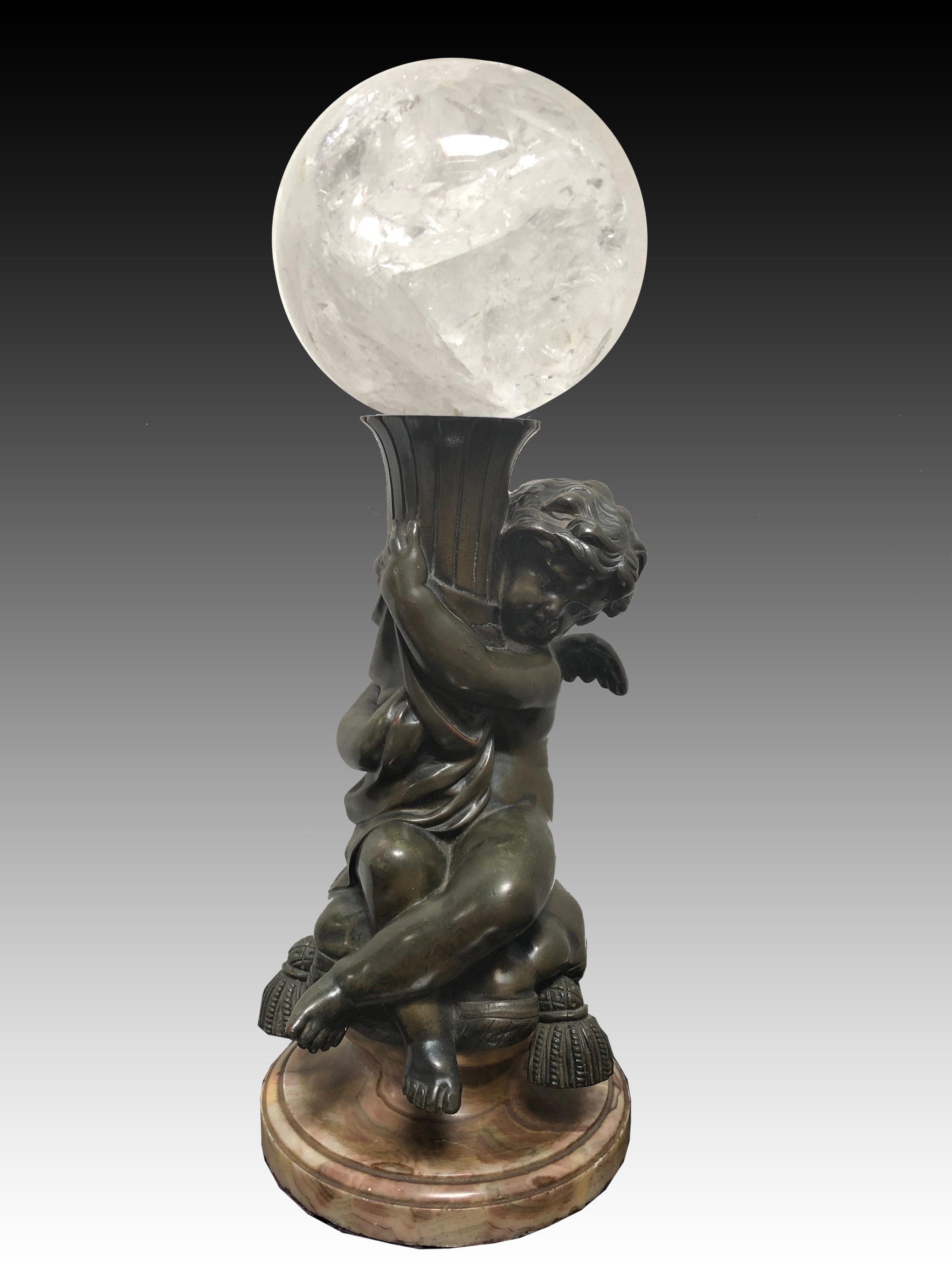 French Pair of Bronze Putti  With Rock Crystal Spheres For Sale