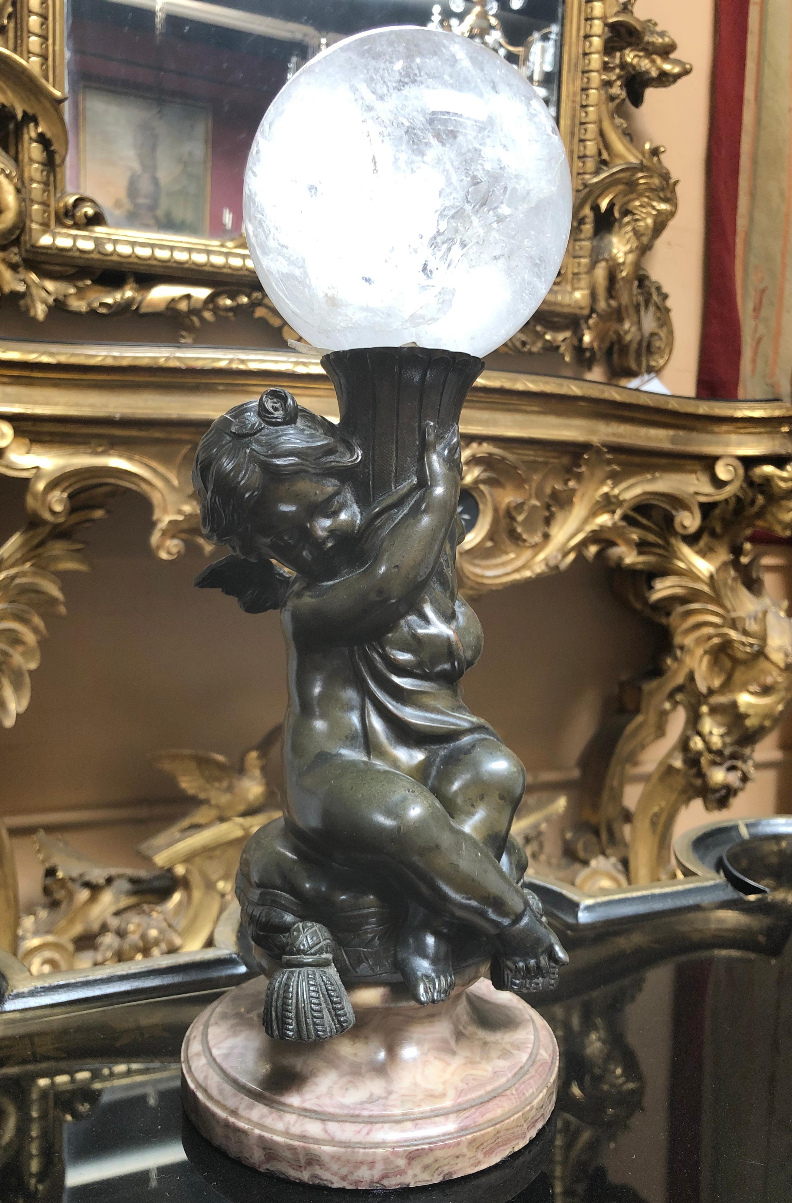 19th Century Pair of Bronze Putti  With Rock Crystal Spheres For Sale