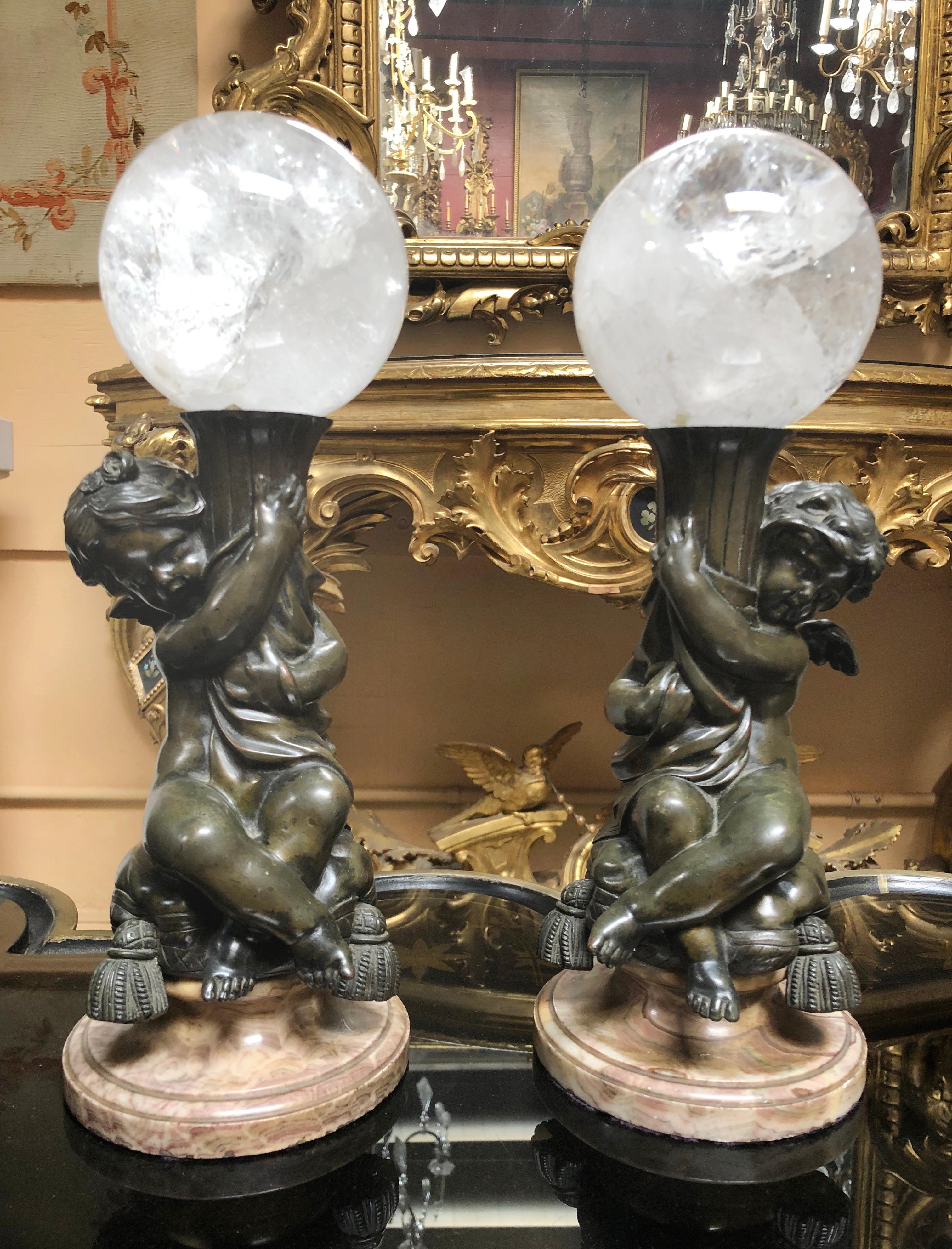 Pair of Bronze Putti  With Rock Crystal Spheres For Sale 1