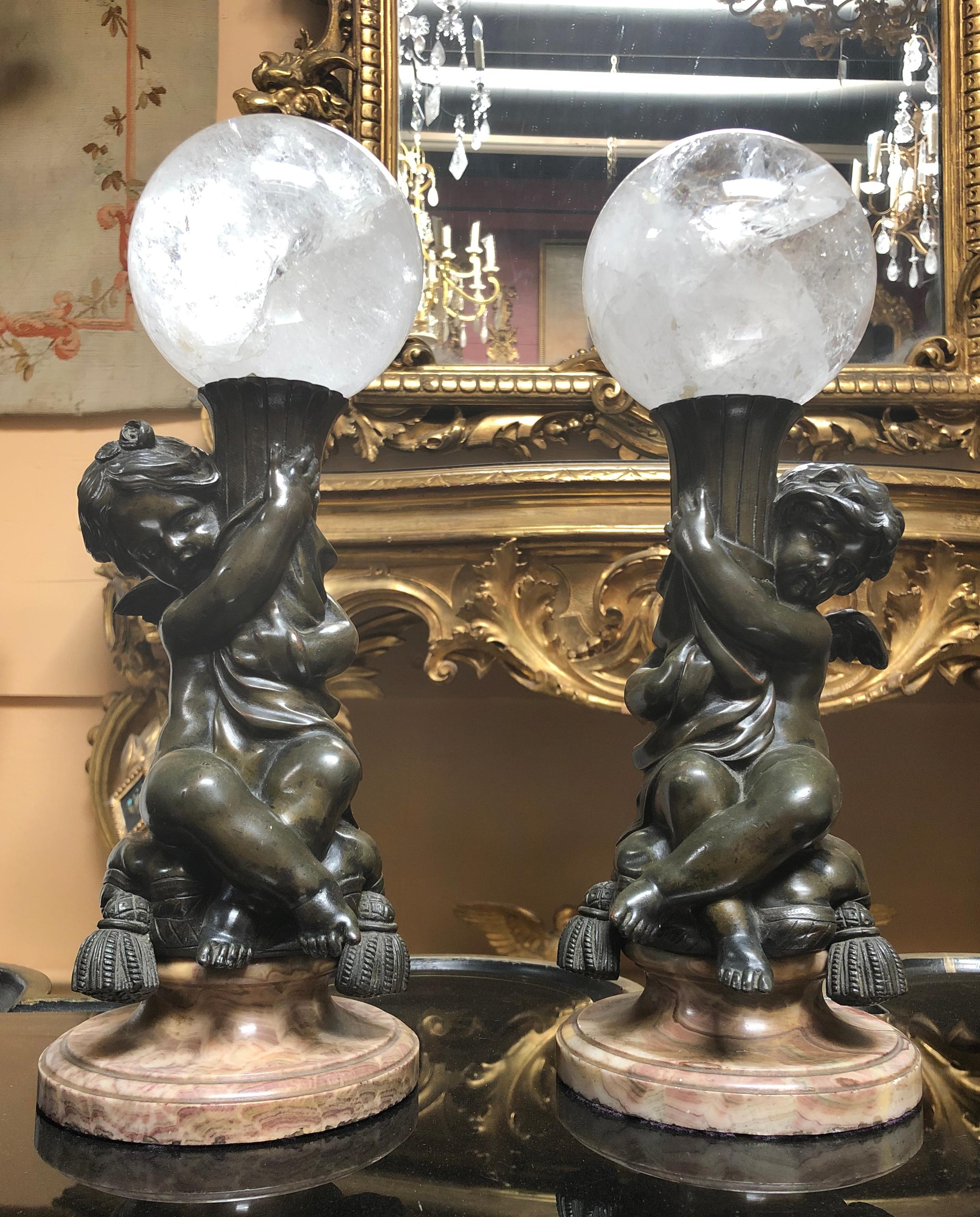 Pair of Bronze Putti  With Rock Crystal Spheres For Sale 2