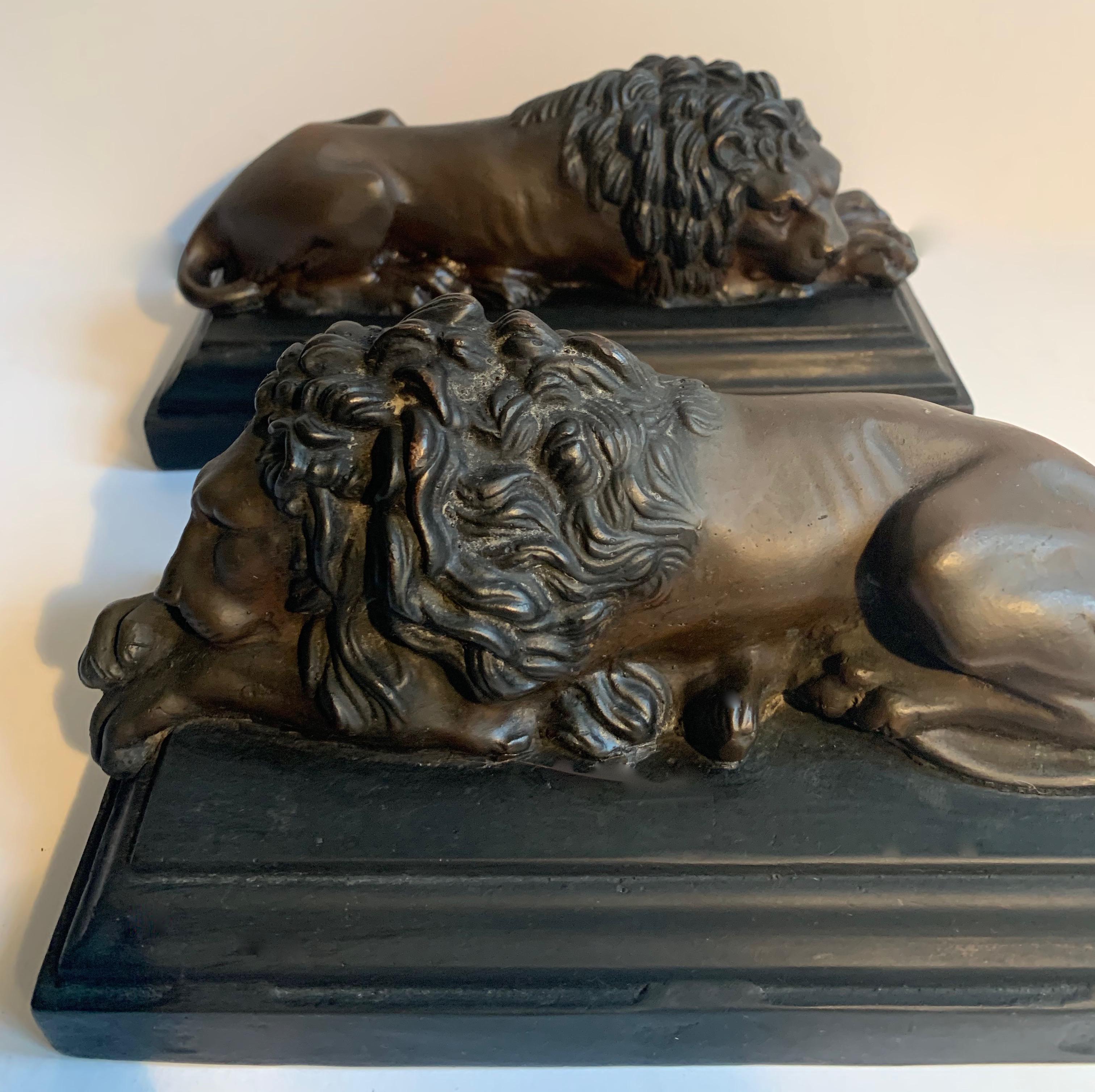 French Pair of Bronze Recumbent Lion Sculpture Bookends