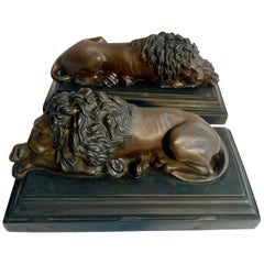 Pair of Bronze Recumbent Lion Sculpture Bookends