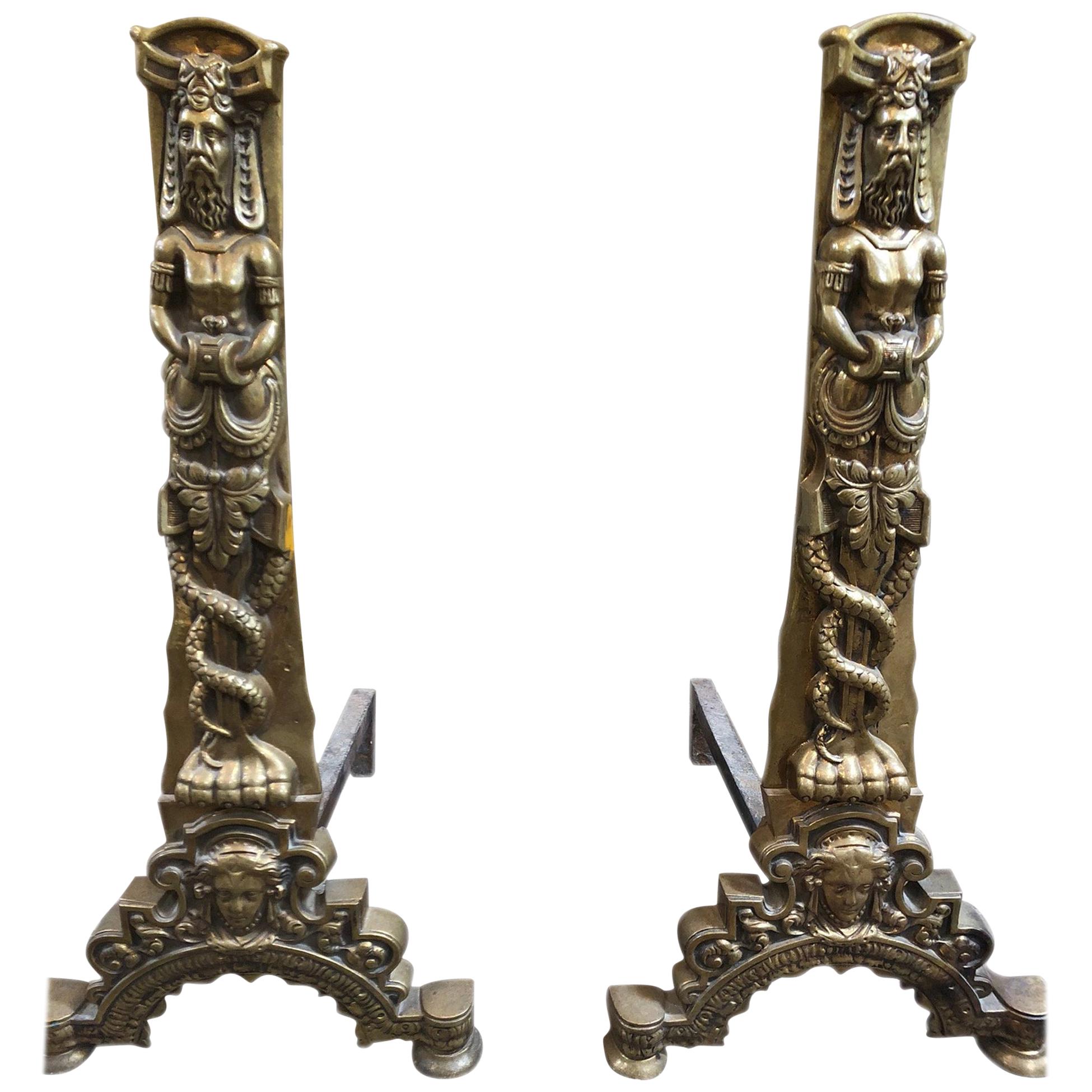 Pair of Bronze Renaissance Style Chenets, circa 1850