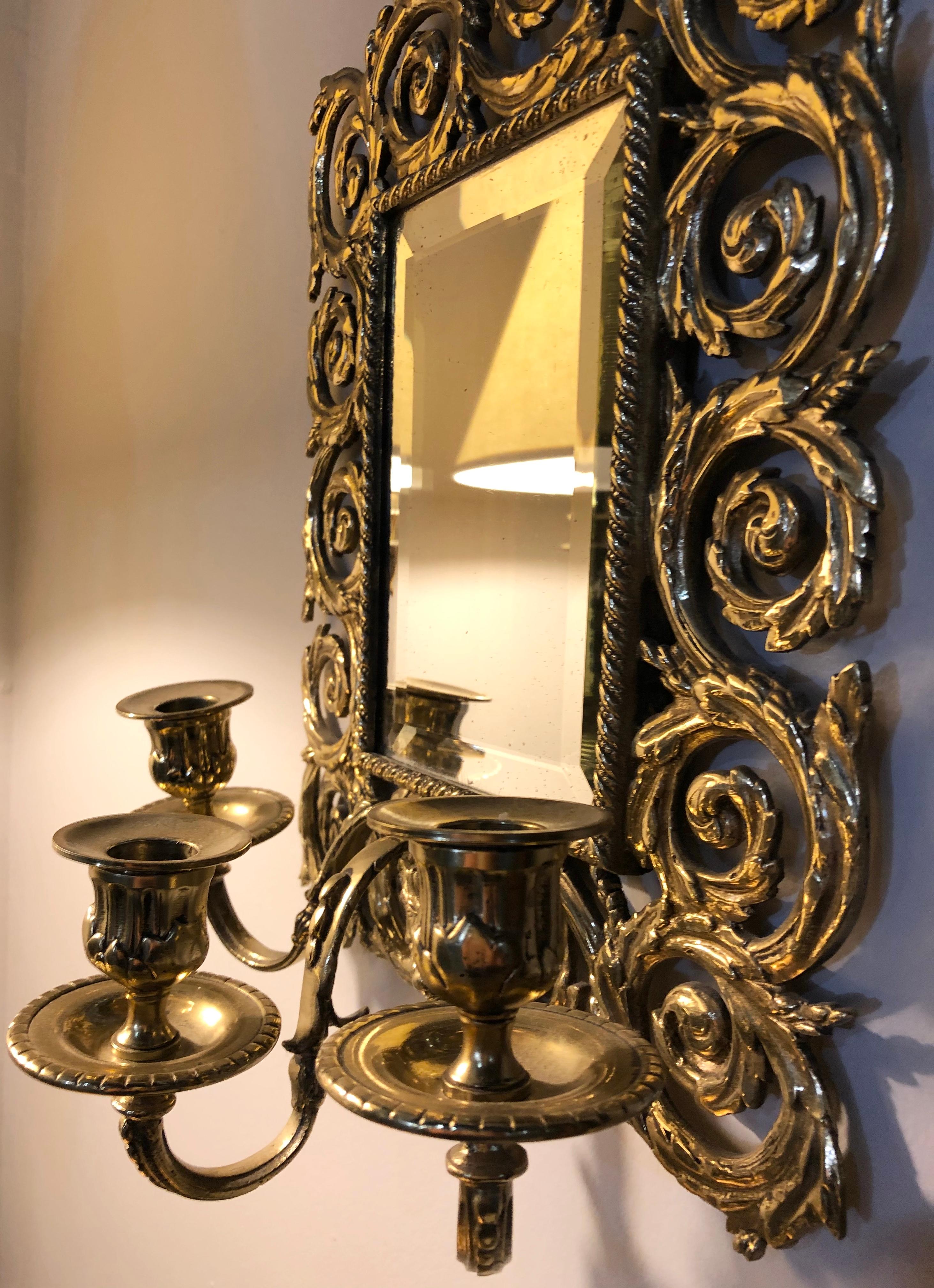 Pair of Bronze Rococo Three-Arm Mirror Wall Sconces 6