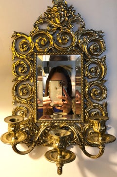 Pair of Bronze Rococo Three-Arm Mirror Wall Sconces