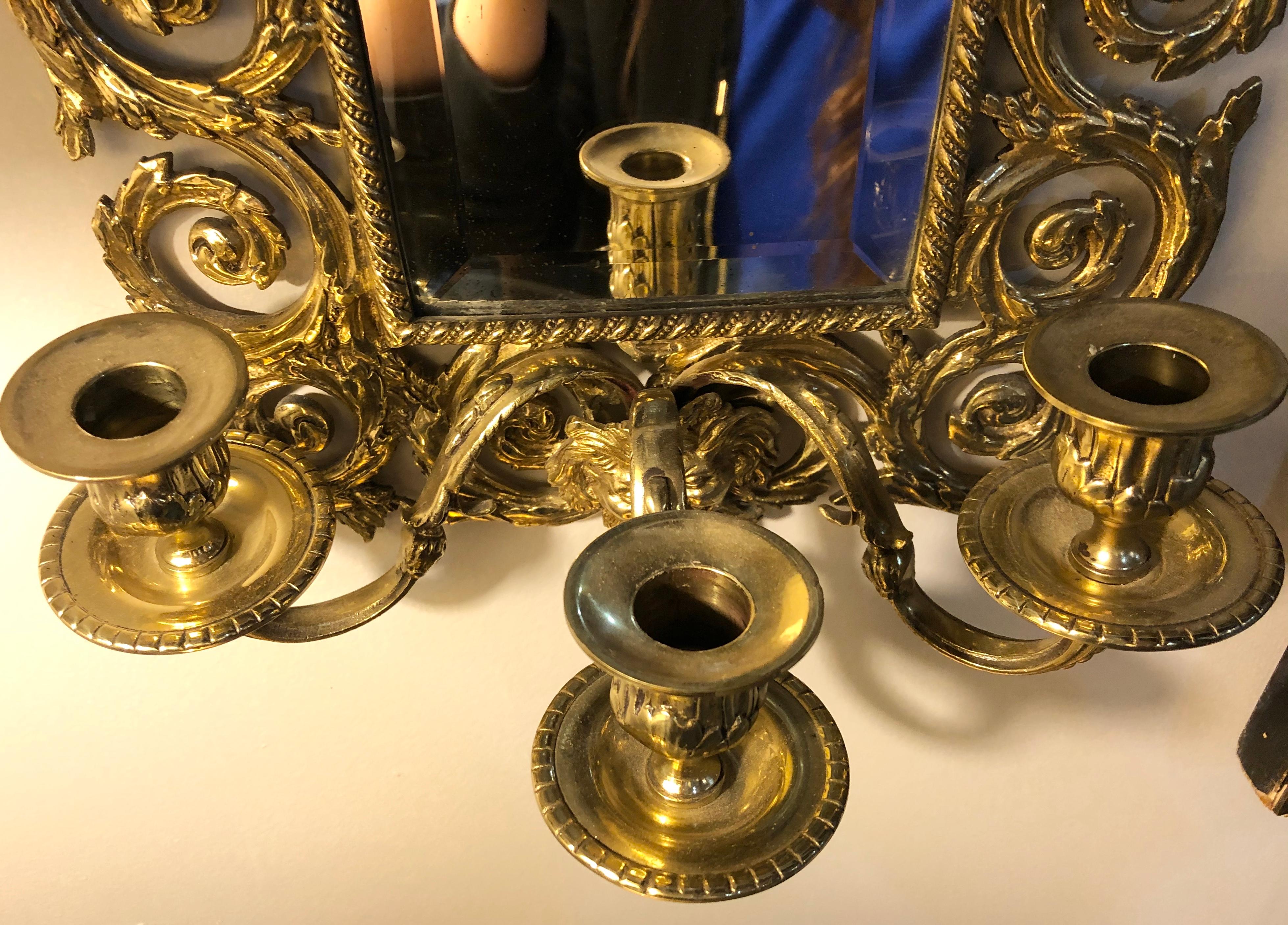 20th Century Pair of Bronze Rococo Three-Arm Mirror Wall Sconces