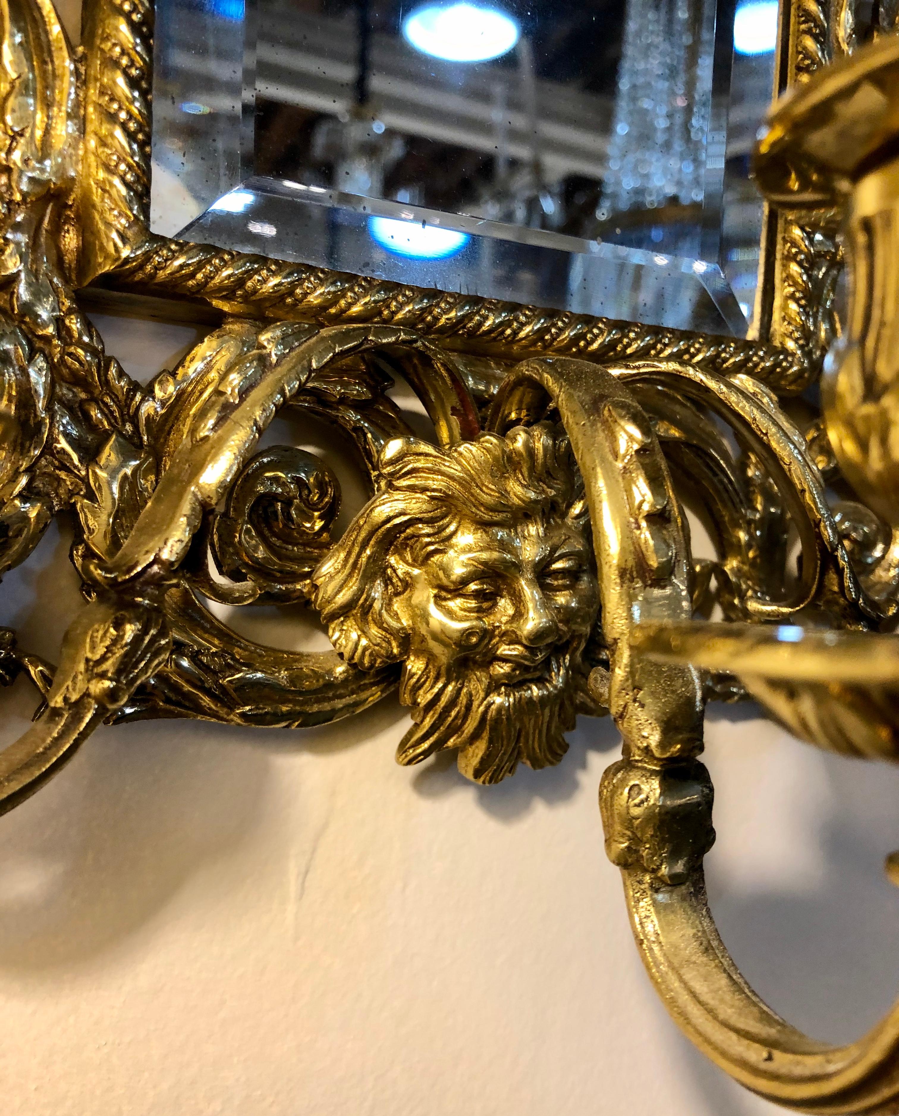 Pair of Bronze Rococo Three-Arm Mirror Wall Sconces 2