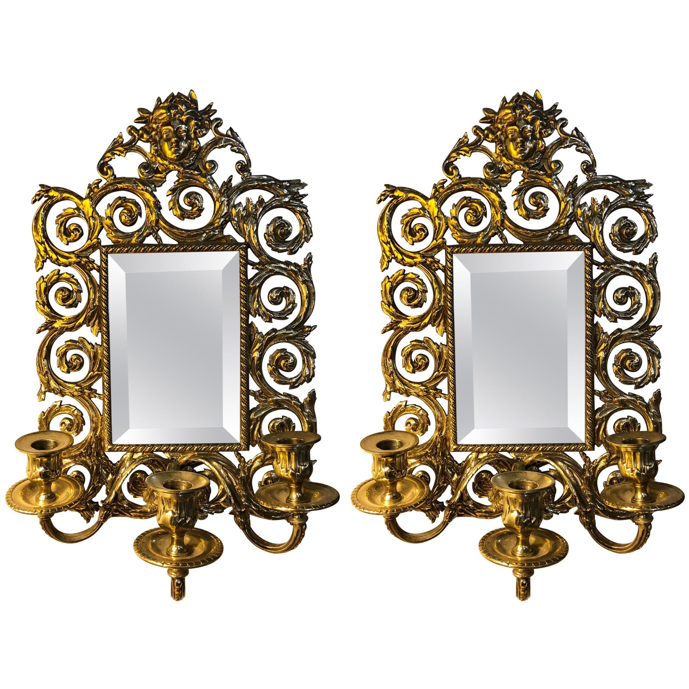 Pair of Bronze Rococo Three-Arm Mirror Wall Sconces