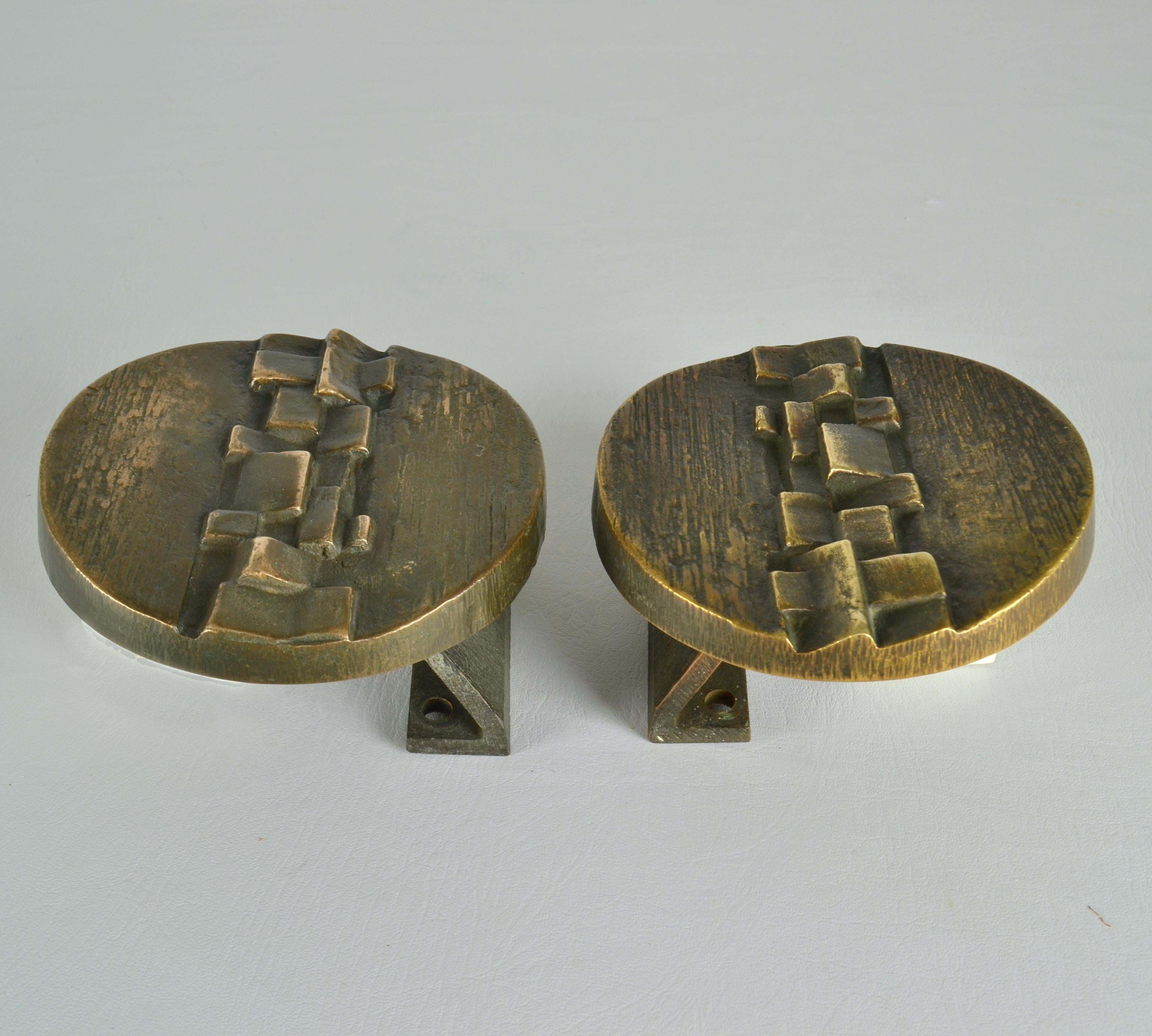 Pair of Bronze Round Push Pull Door Handles Architectural with Geometric Relief For Sale 4