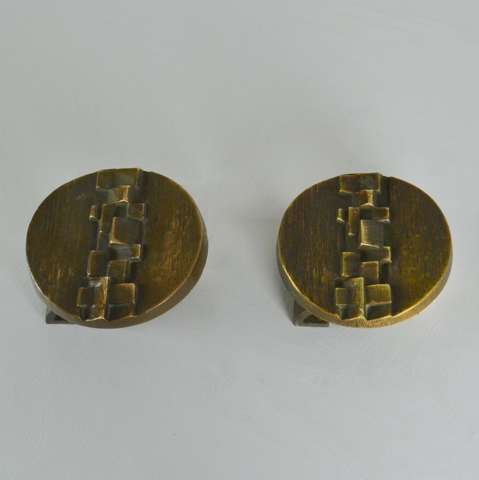 Pair of Bronze Round Push Pull Door Handles Architectural with Geometric Relief For Sale 5