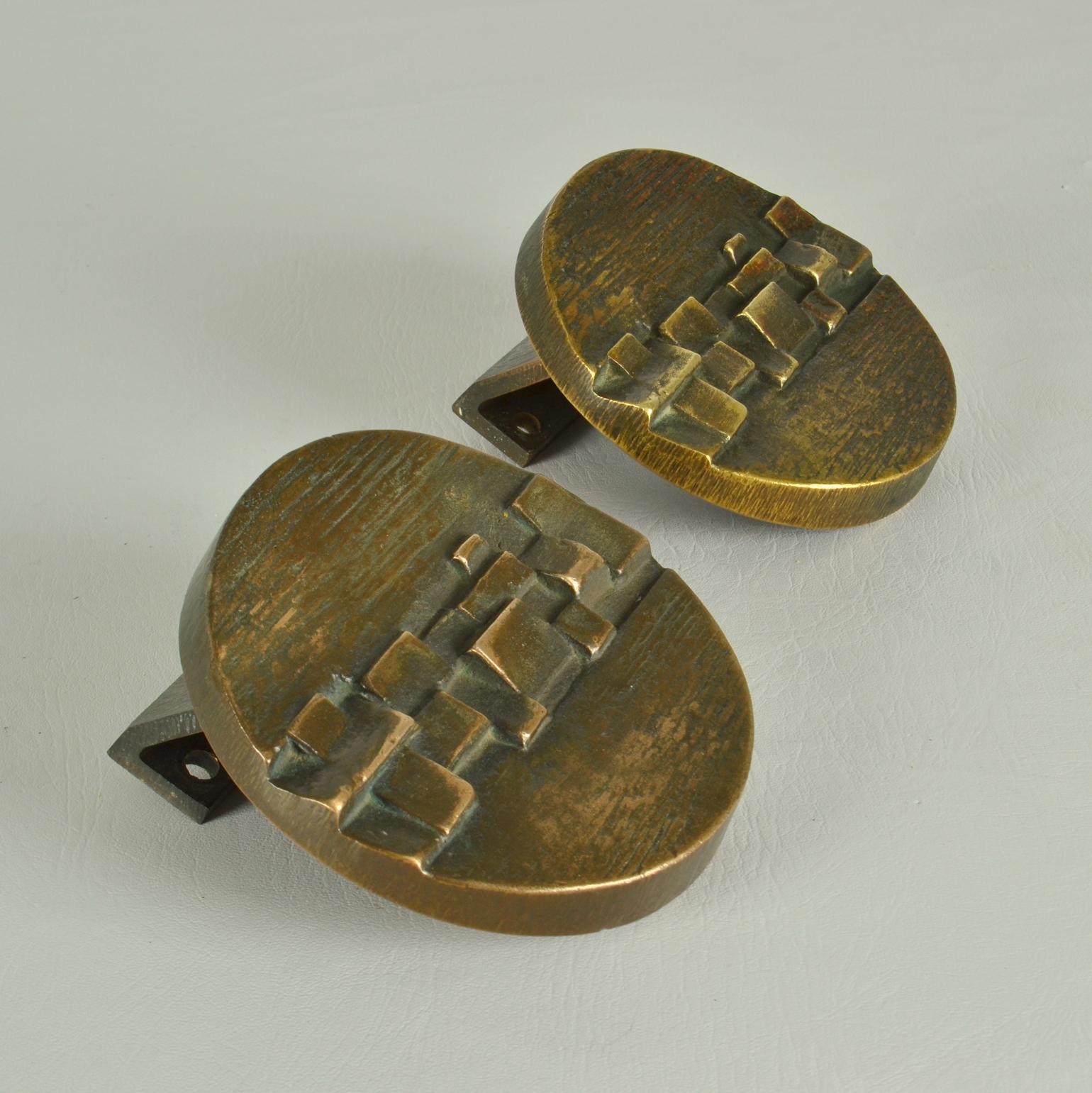 Cast Pair of Bronze Round Push Pull Door Handles Architectural with Geometric Relief For Sale
