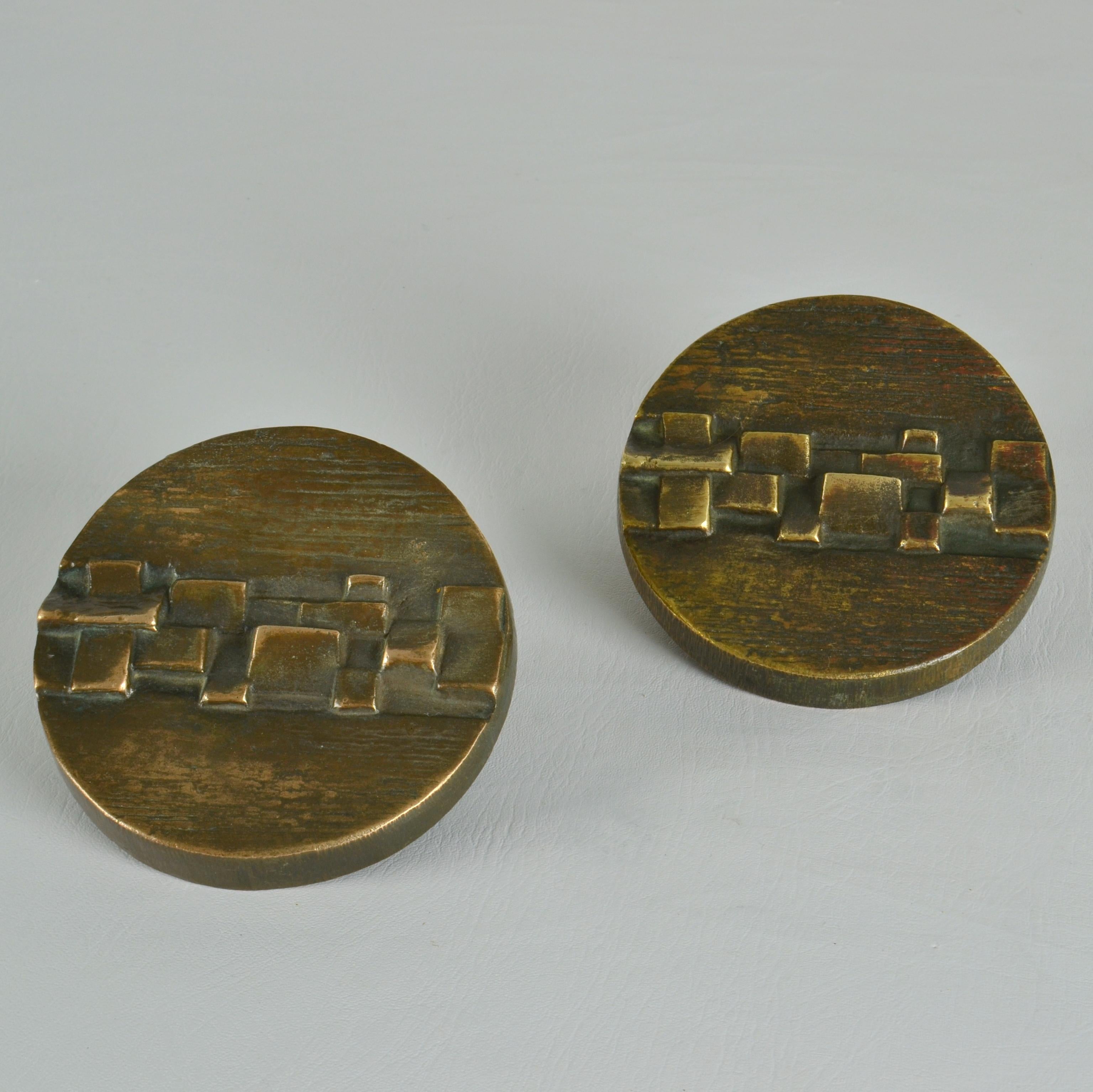 Late 20th Century Pair of Bronze Round Push Pull Door Handles Architectural with Geometric Relief For Sale