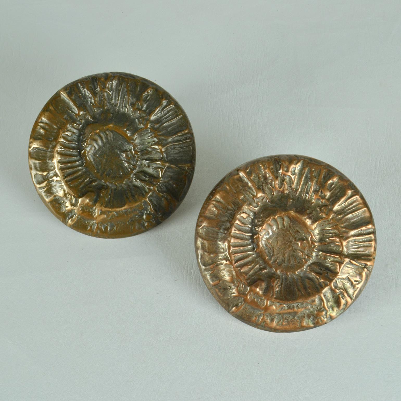 Architectural Pair of Round Bronze Push Pull Relief Door Handles and Keyholes 7