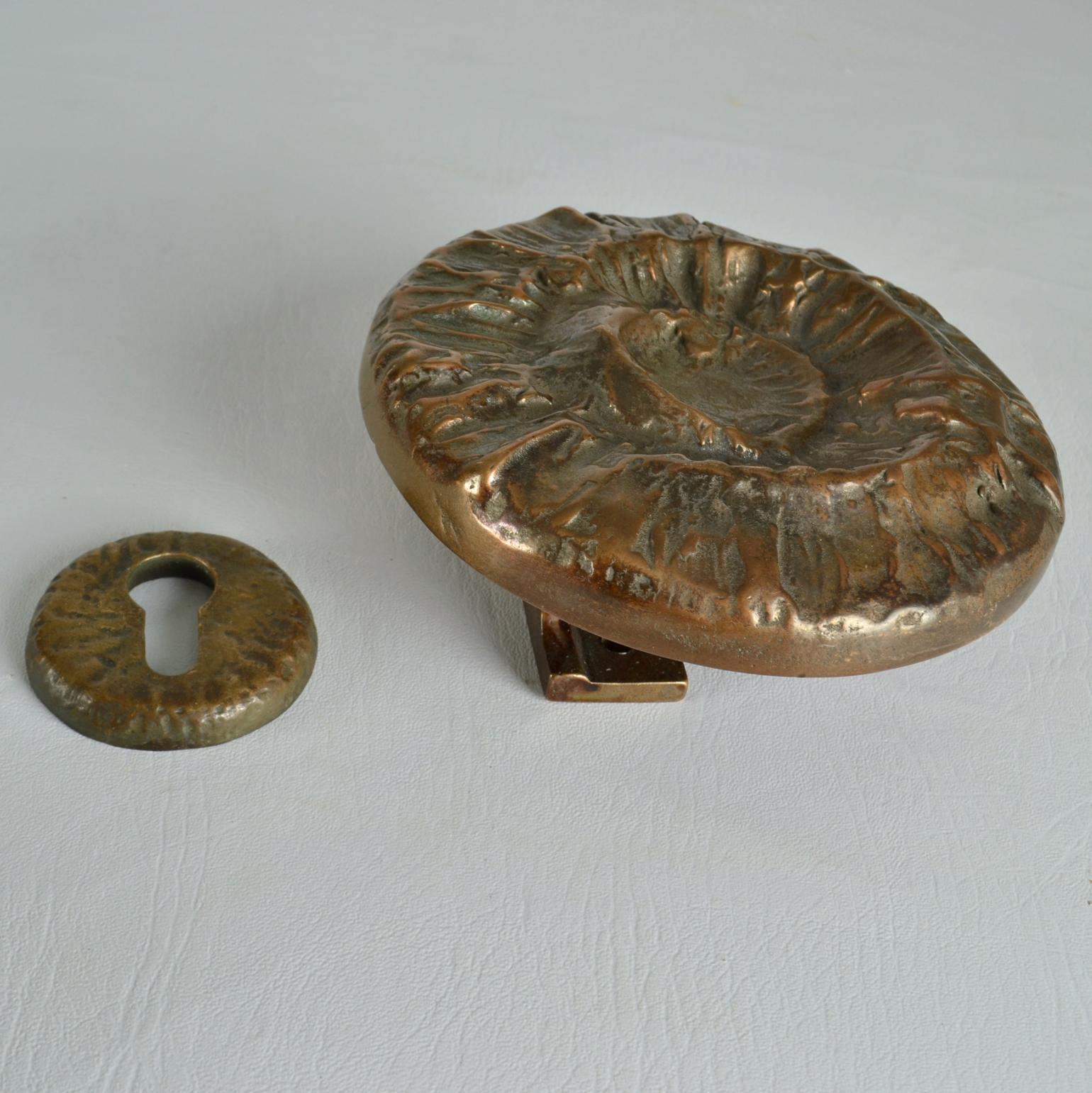 Cast Architectural Pair of Round Bronze Push Pull Relief Door Handles and Keyholes