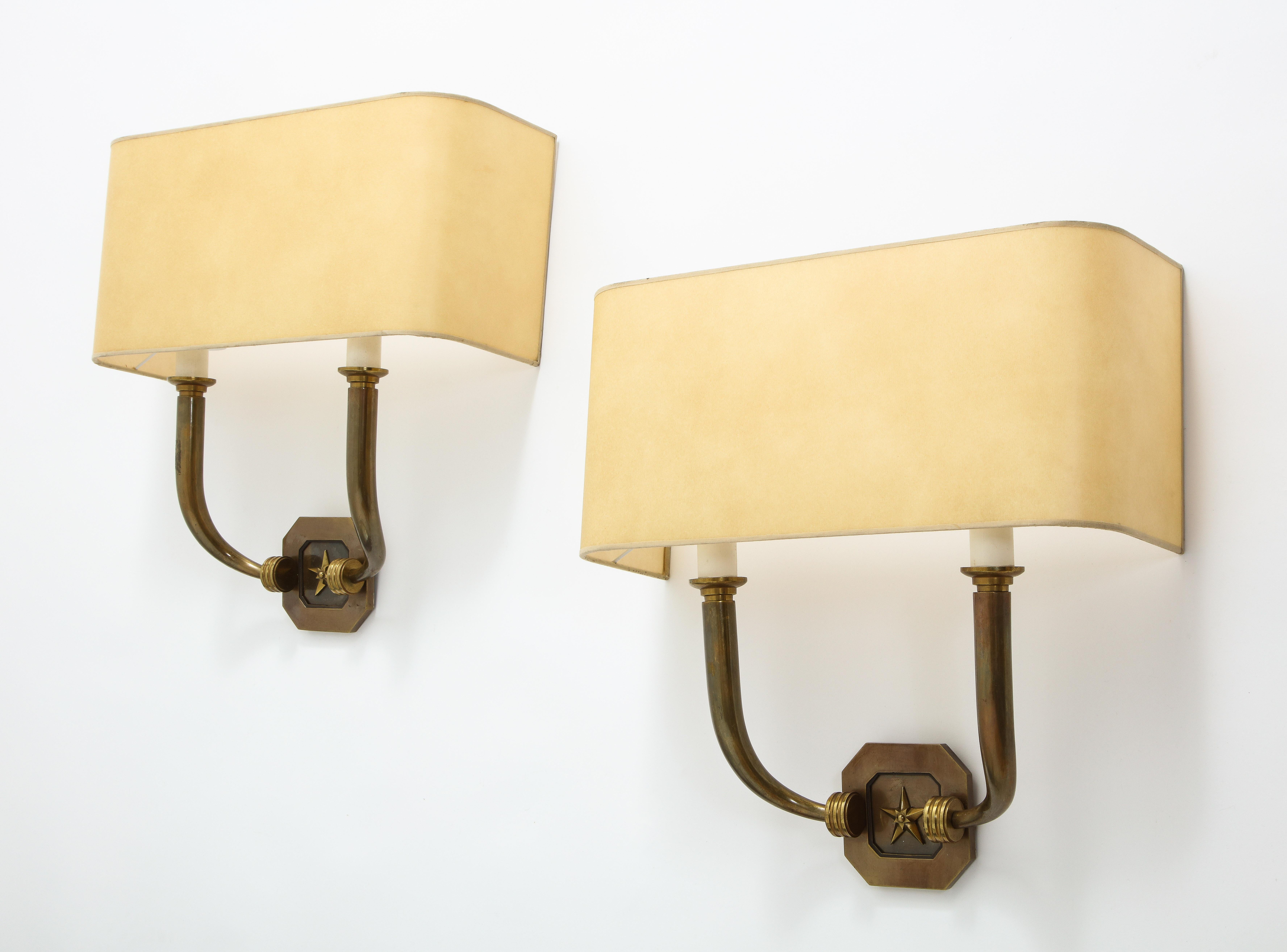 French Pair of Bronze Sconces, France, 1940 For Sale