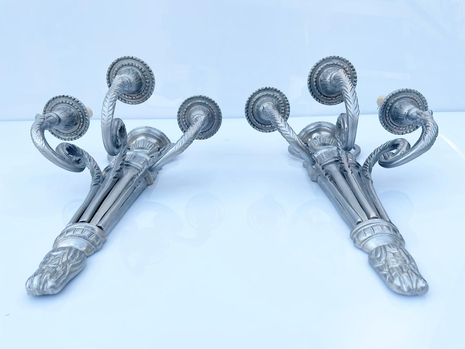 Plated Pair of Bronze Sconces in Nickel Finish For Sale