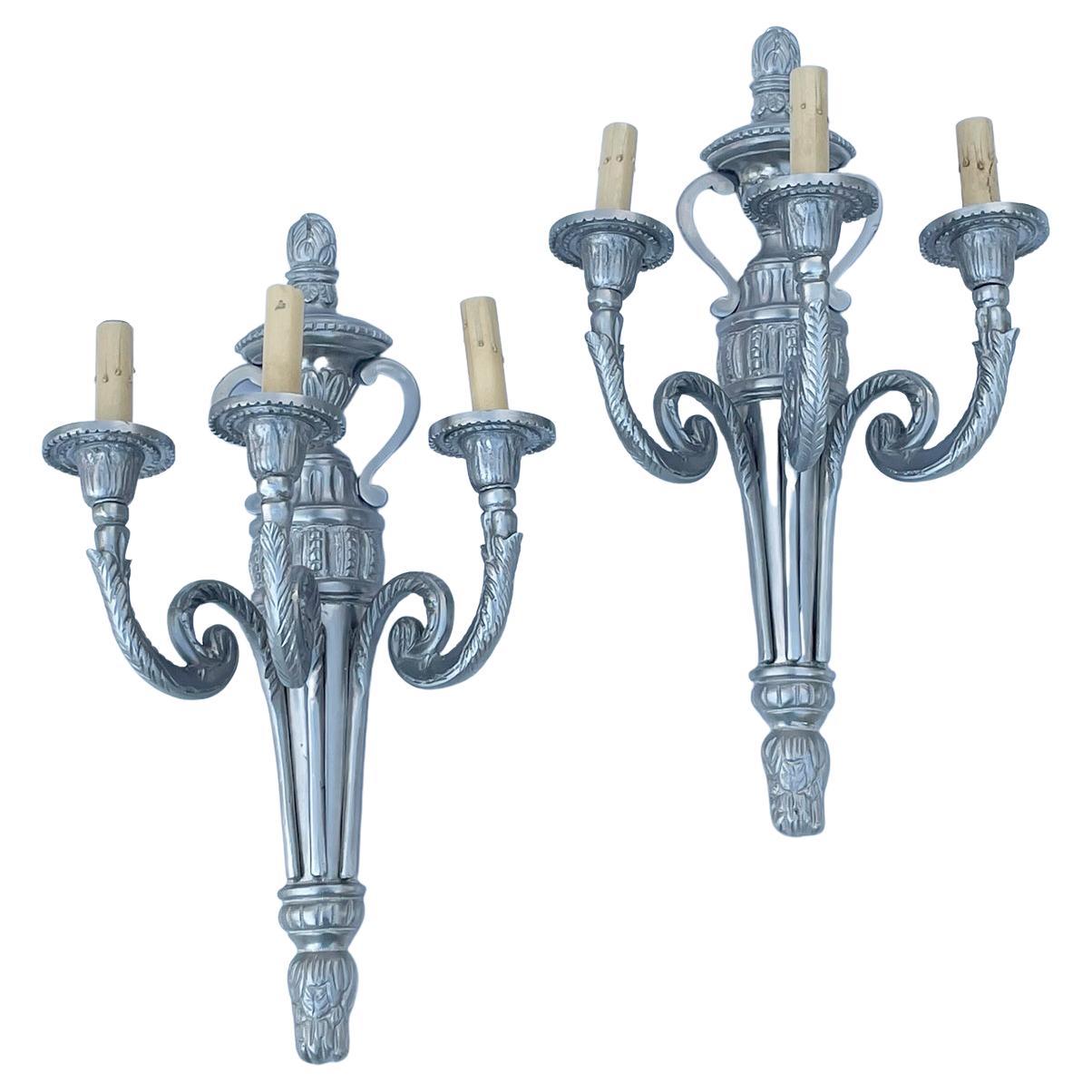 Pair of Bronze Sconces in Nickel Finish For Sale