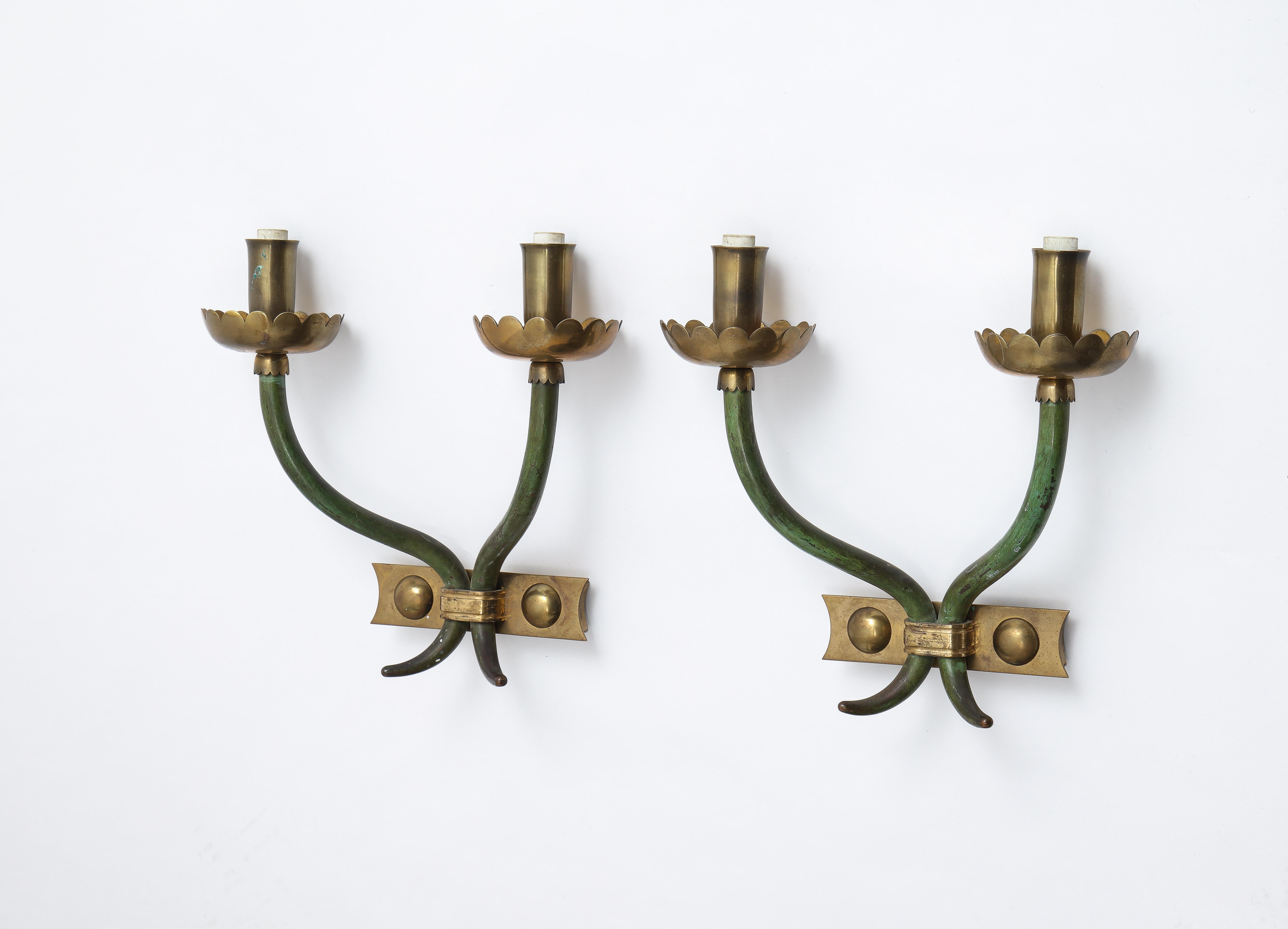 Mid-Century Modern Pair of Bronze Sconces in Two Patinas, Style of Gio Ponti, Italy, 1960s