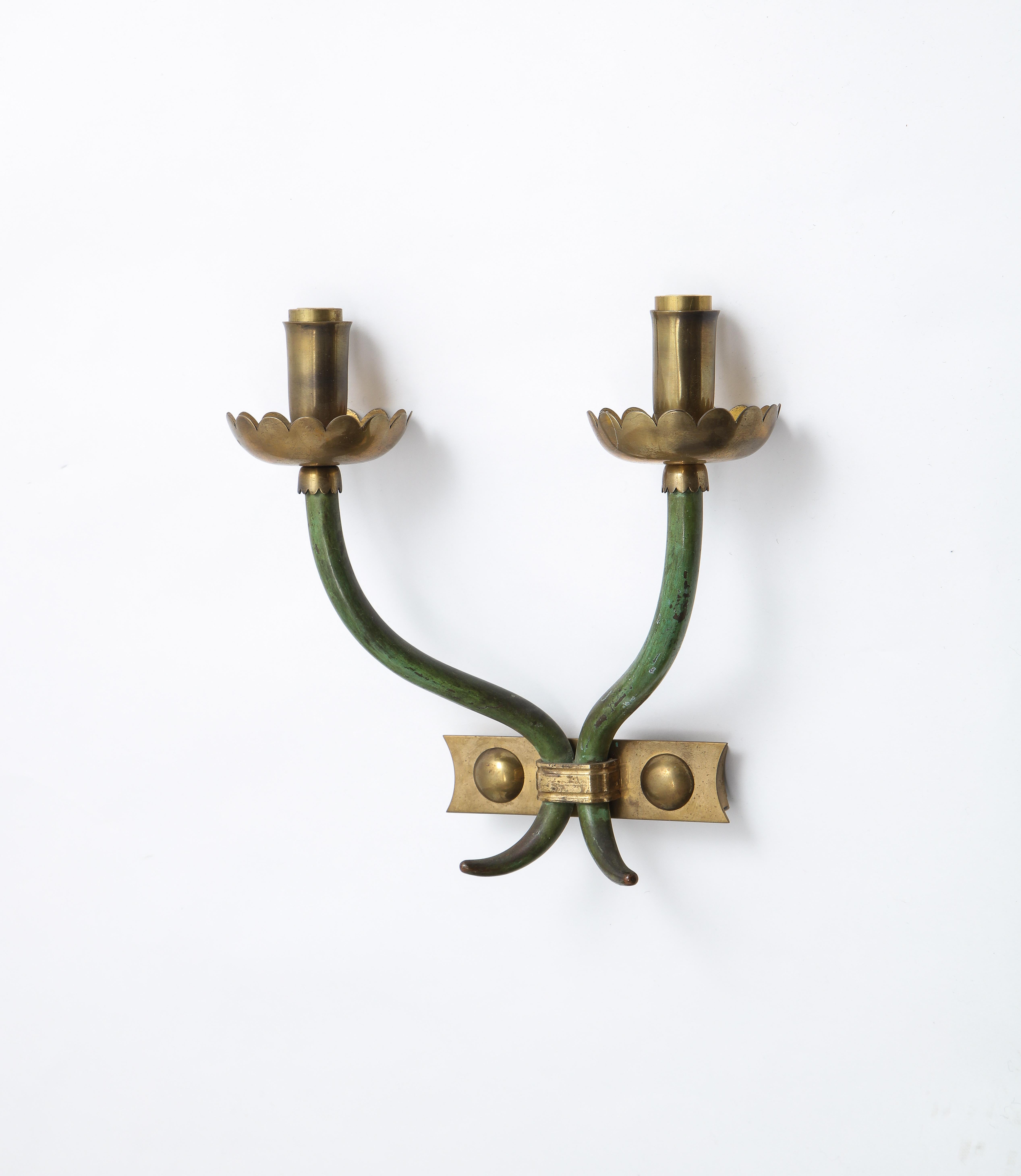 Brass Pair of Bronze Sconces in Two Patinas, Style of Gio Ponti, Italy, 1960s