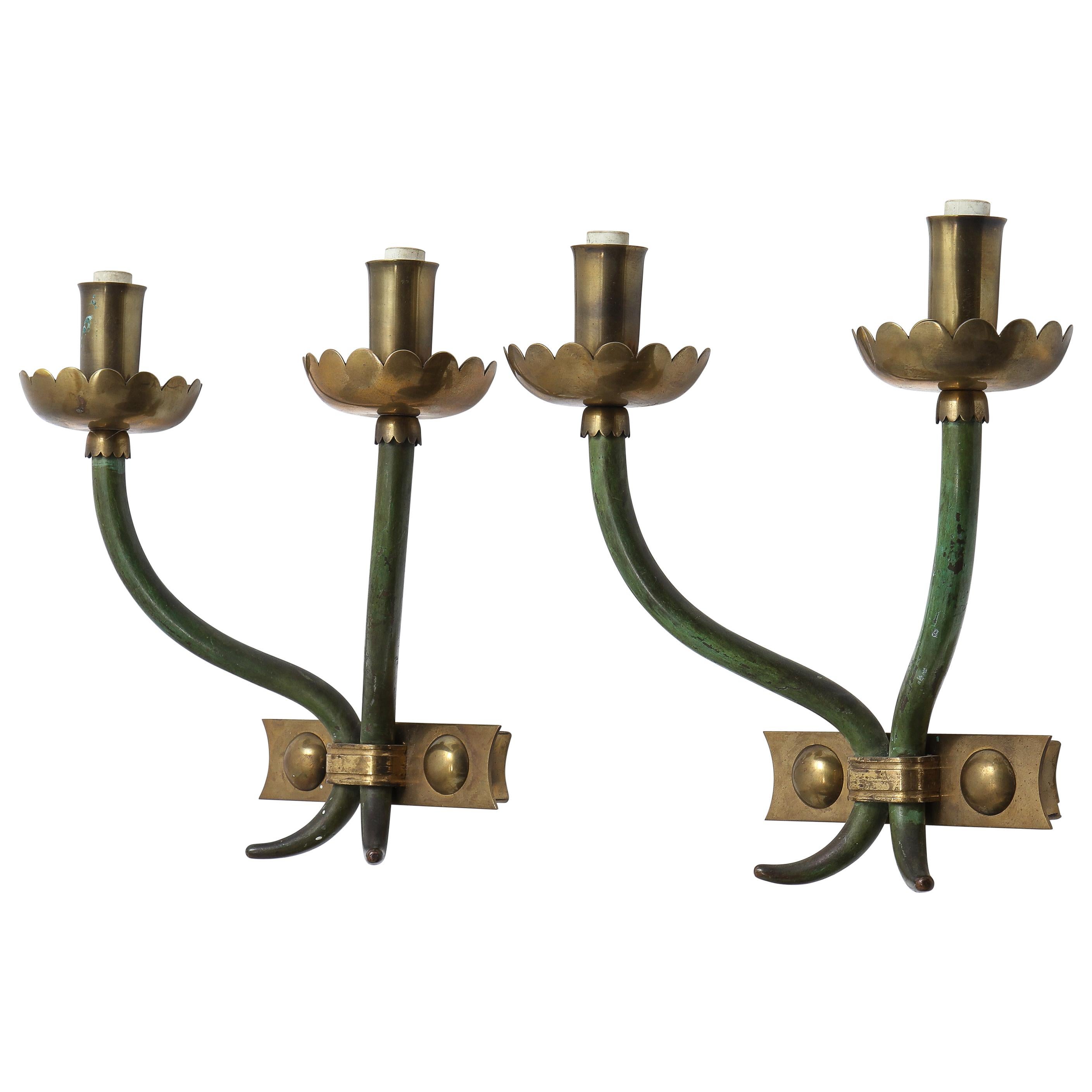Pair of Bronze Sconces in Two Patinas, Style of Gio Ponti, Italy, 1960s