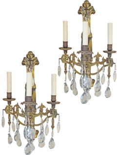 Pair of Bronze Sconces with Crystal Pendalogues