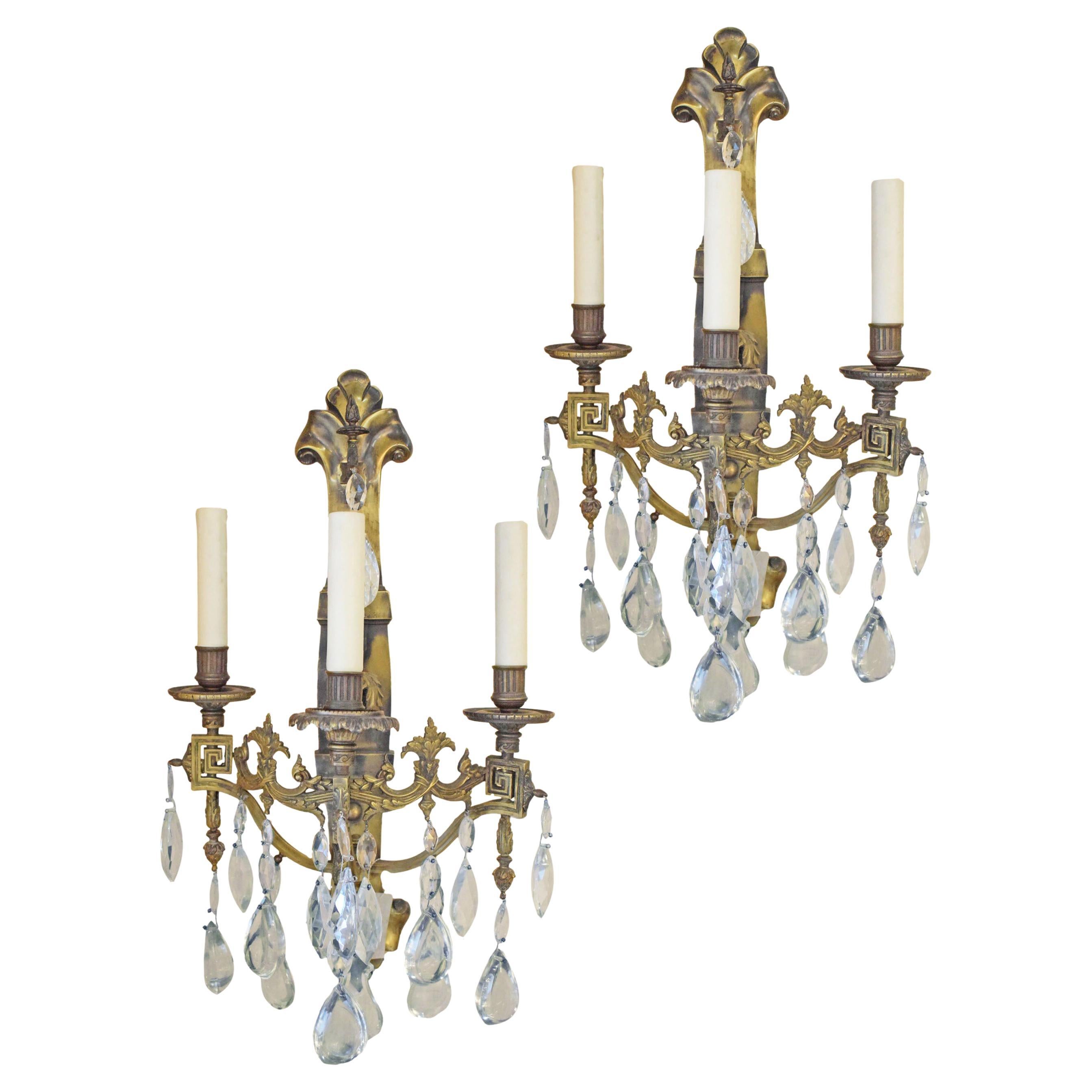 Pair of Bronze Sconces with Crystal Pendalogues
