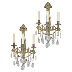 Antique Pair of Bronze Sconces with Crystal Pendalogues