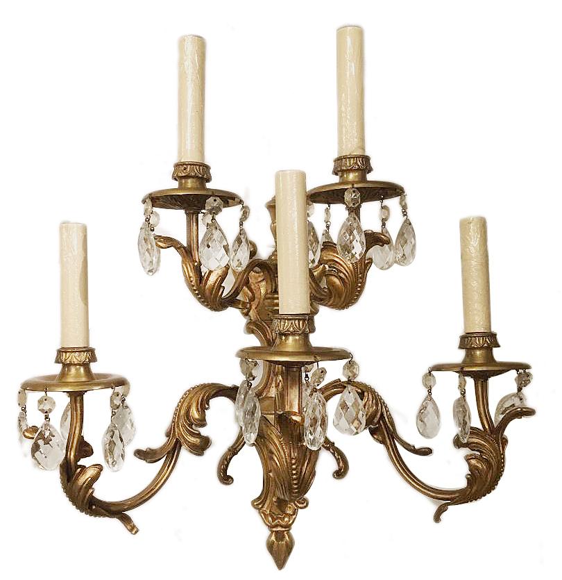 French Pair of Bronze Sconces with Crystal Pendants For Sale