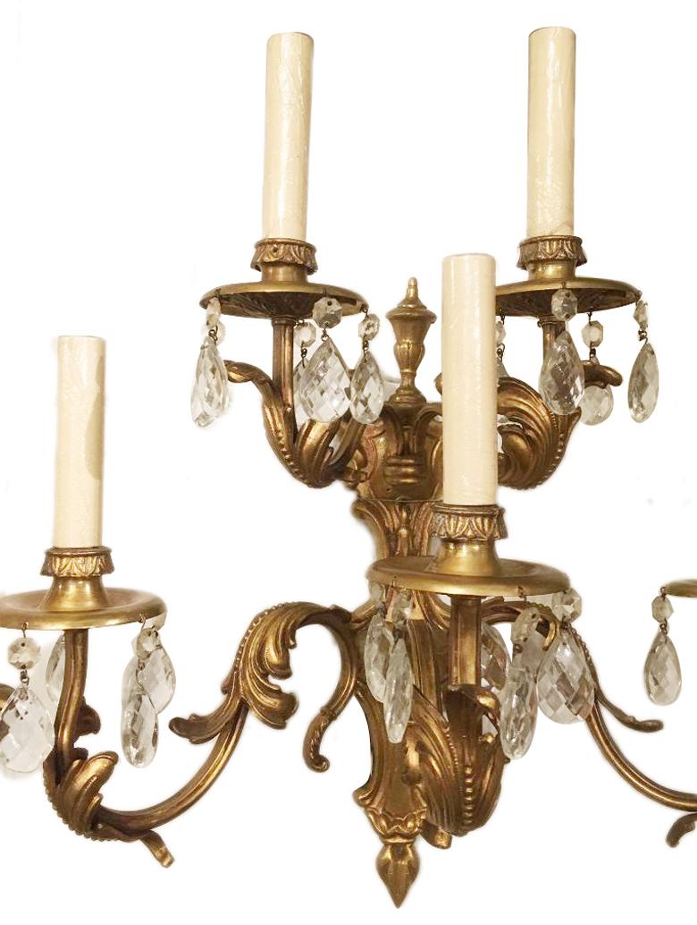 Pair of Bronze Sconces with Crystal Pendants In Good Condition For Sale In New York, NY