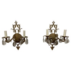 Pair of Bronze Sconces with Decorative Crystals, 20th Century