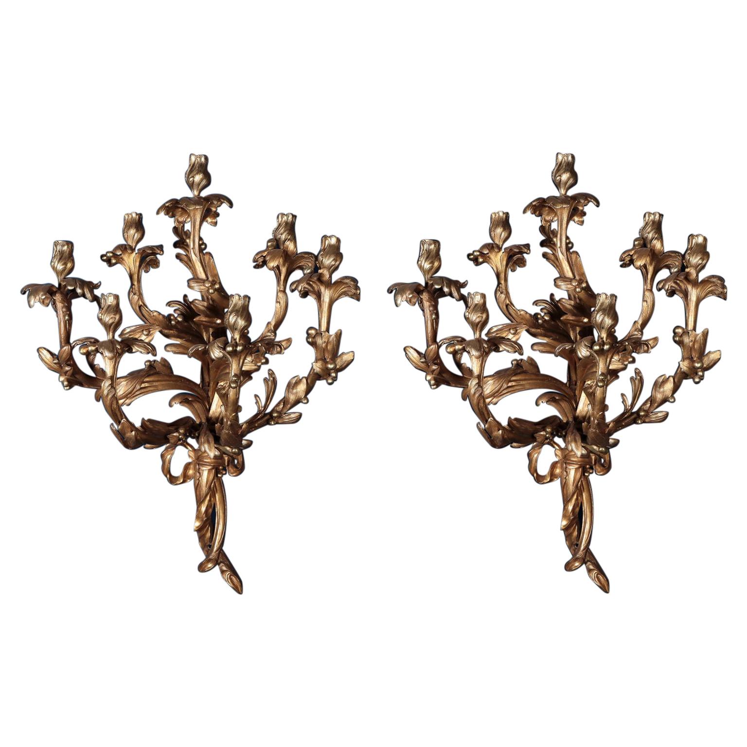 Pair of Bronze Sconces with Seven Branches