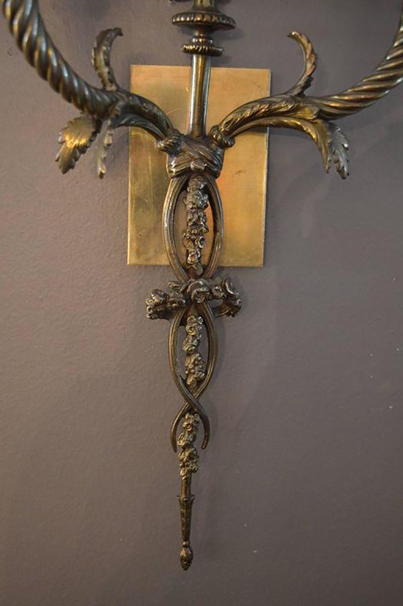 Pair of Bronze Sconces with Shades In Good Condition For Sale In Los Angeles, CA