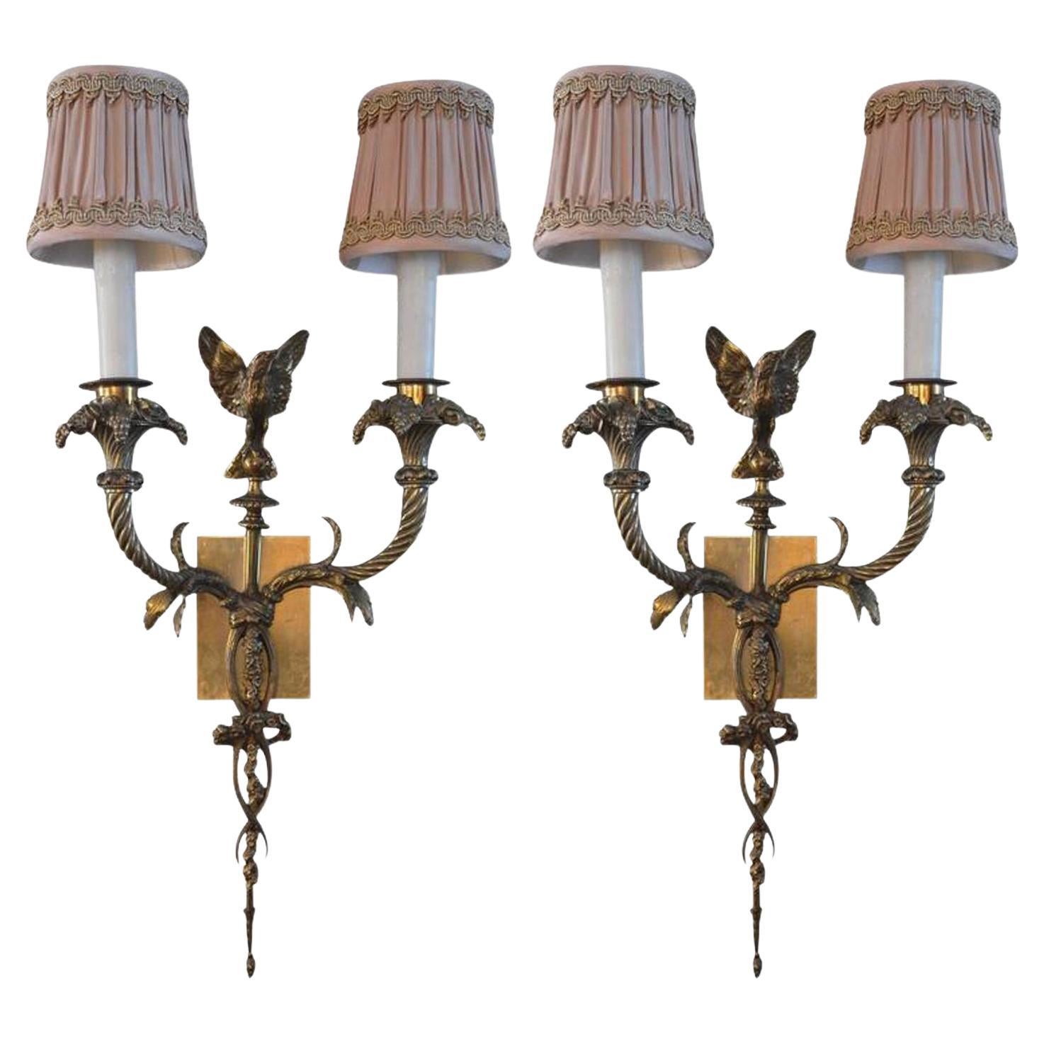 Pair of Bronze Sconces with Shades For Sale