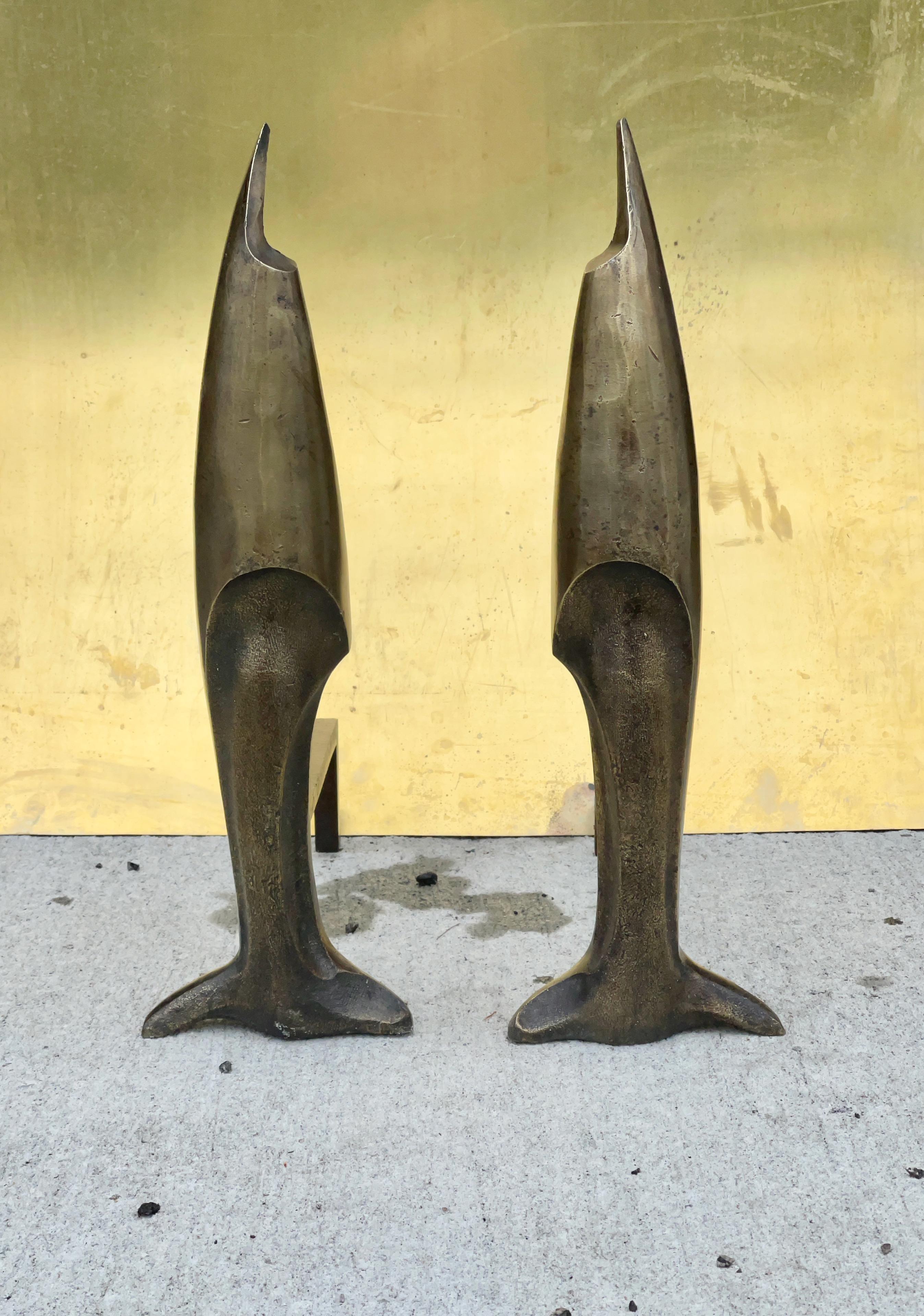 Art Deco Pair of Bronze Sculptural Andirons After Pierre Legrain For Sale