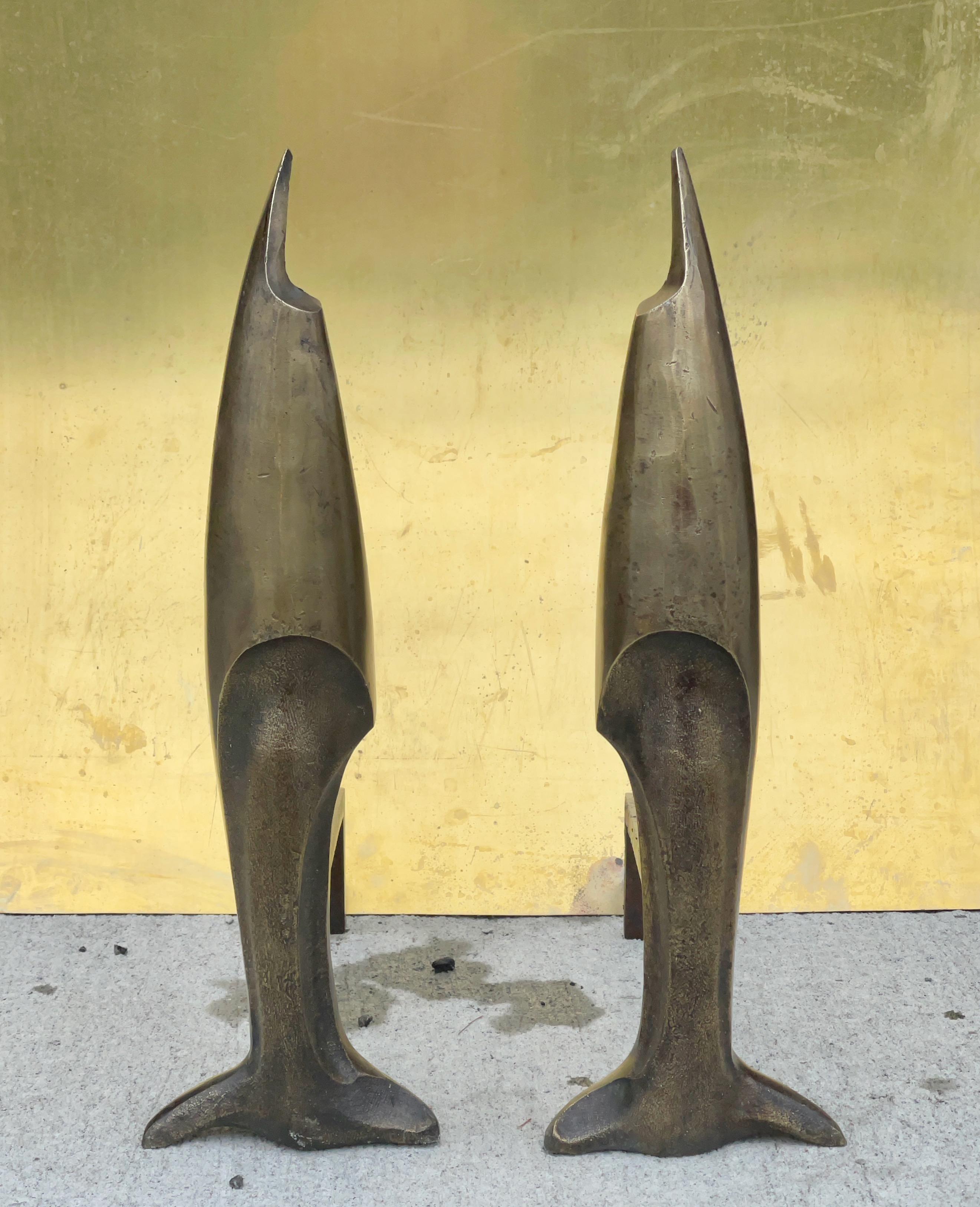 French Pair of Bronze Sculptural Andirons After Pierre Legrain For Sale