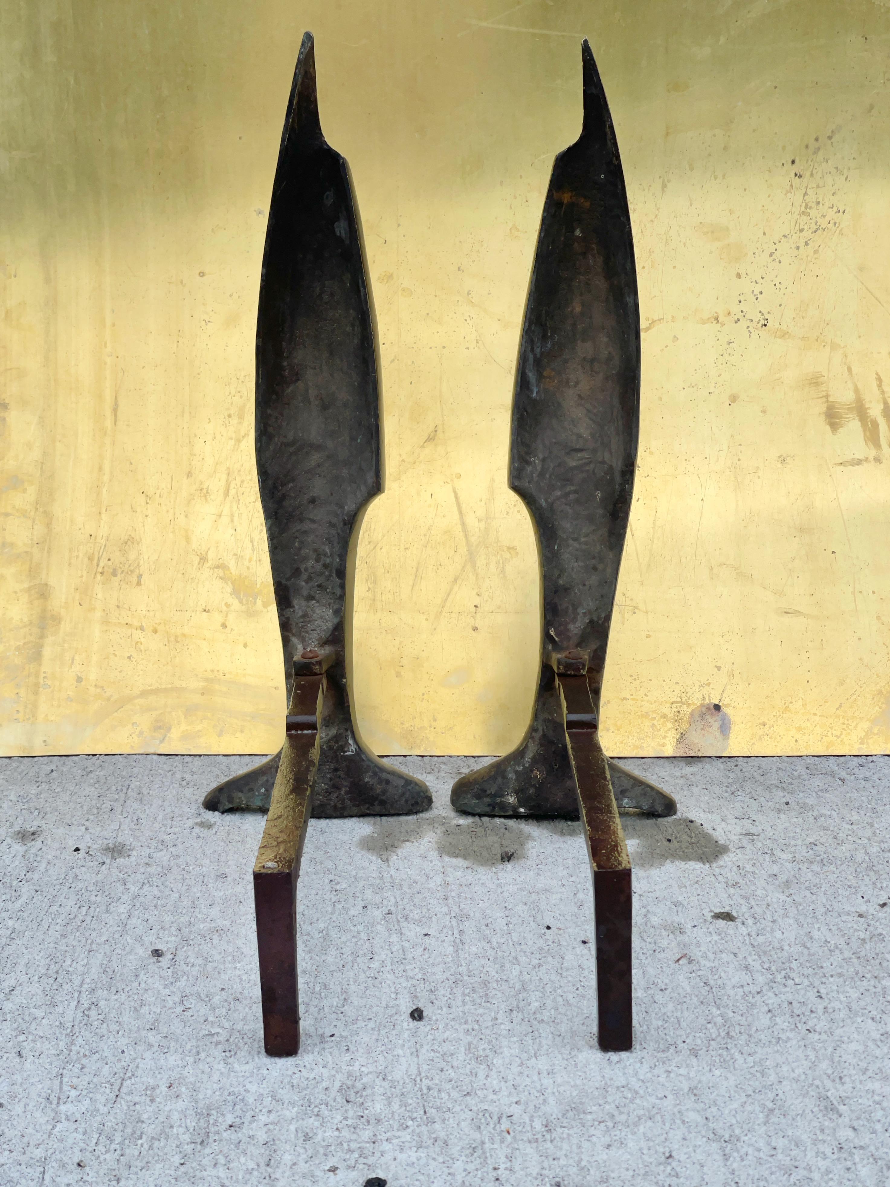 Mid-20th Century Pair of Bronze Sculptural Andirons After Pierre Legrain For Sale