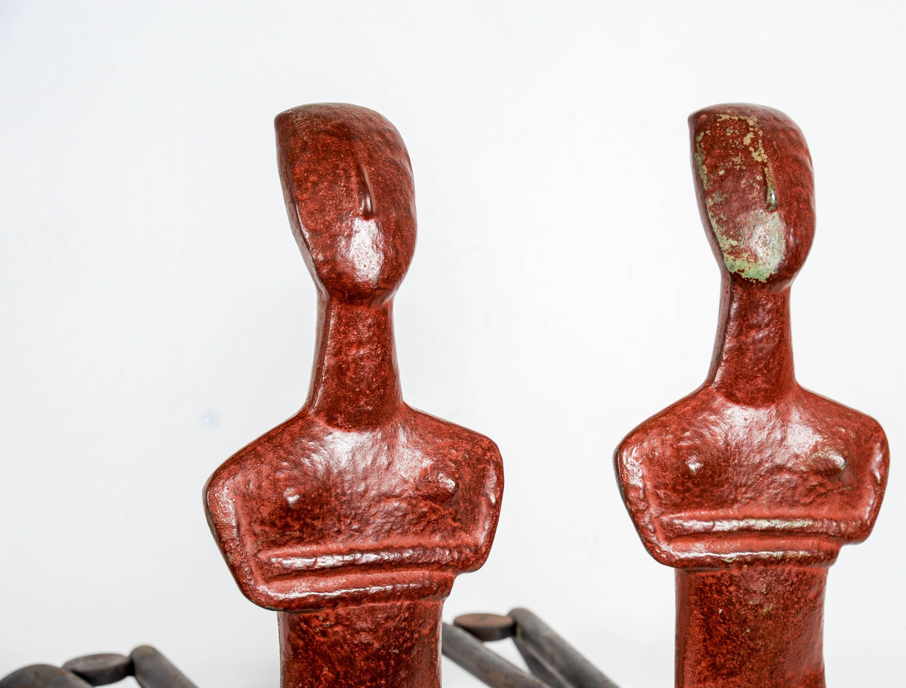 Late 20th Century Pair of Bronze Sculpture Andirons by Peter Martens For Sale