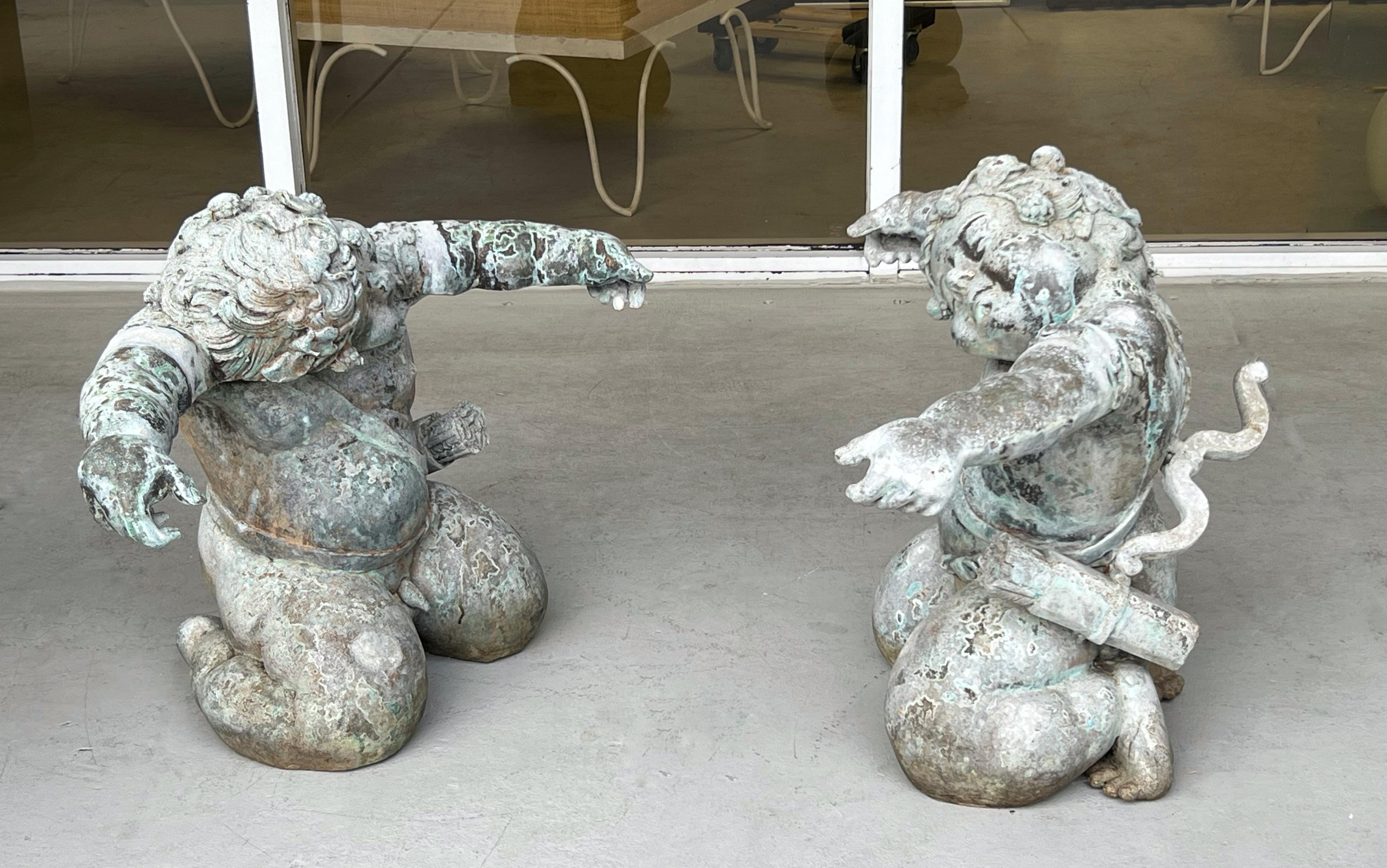 American Pair of Bronze Sculpture Cherub Coffee Side Table For Sale