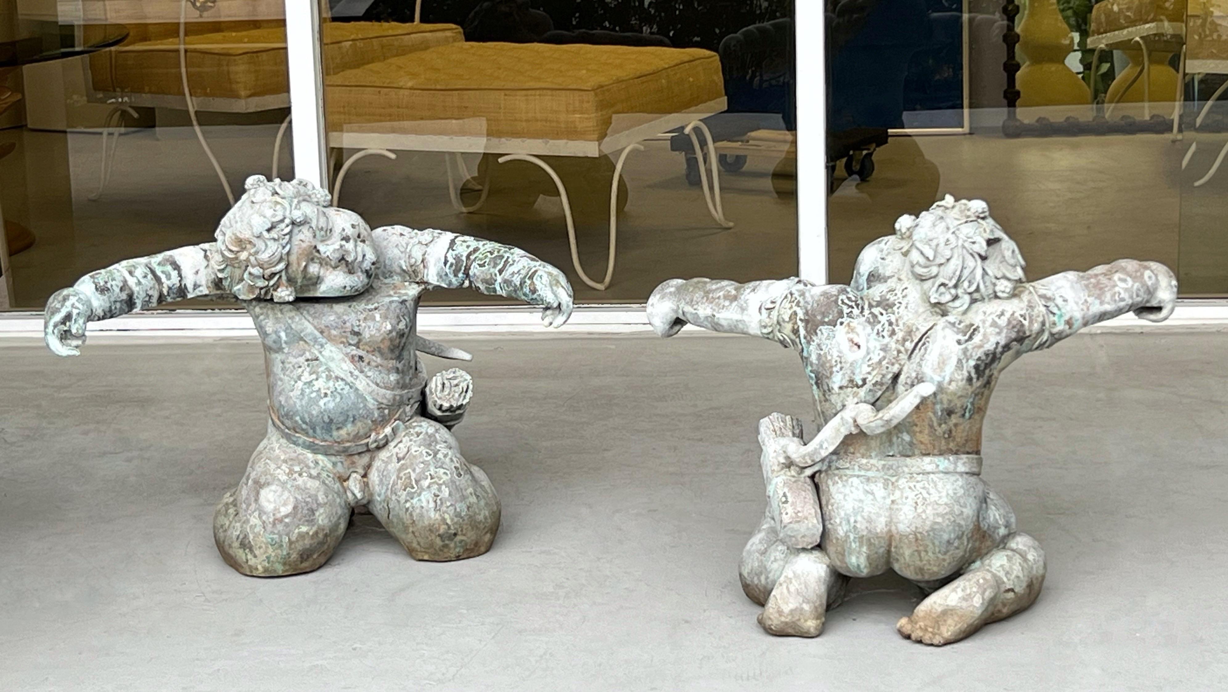 Pair of Bronze Sculpture Cherub Coffee Side Table In Good Condition For Sale In Miami, FL