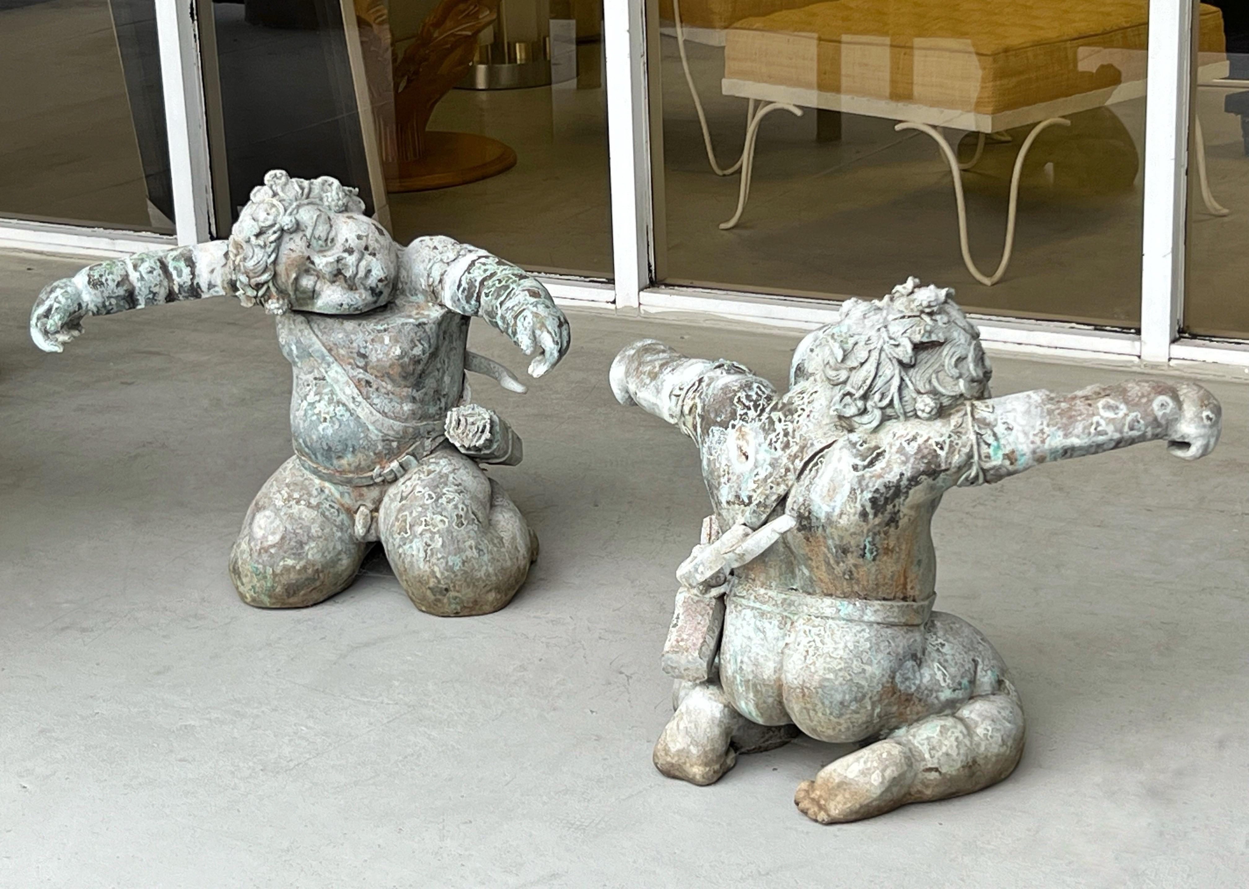 Late 20th Century Pair of Bronze Sculpture Cherub Coffee Side Table For Sale