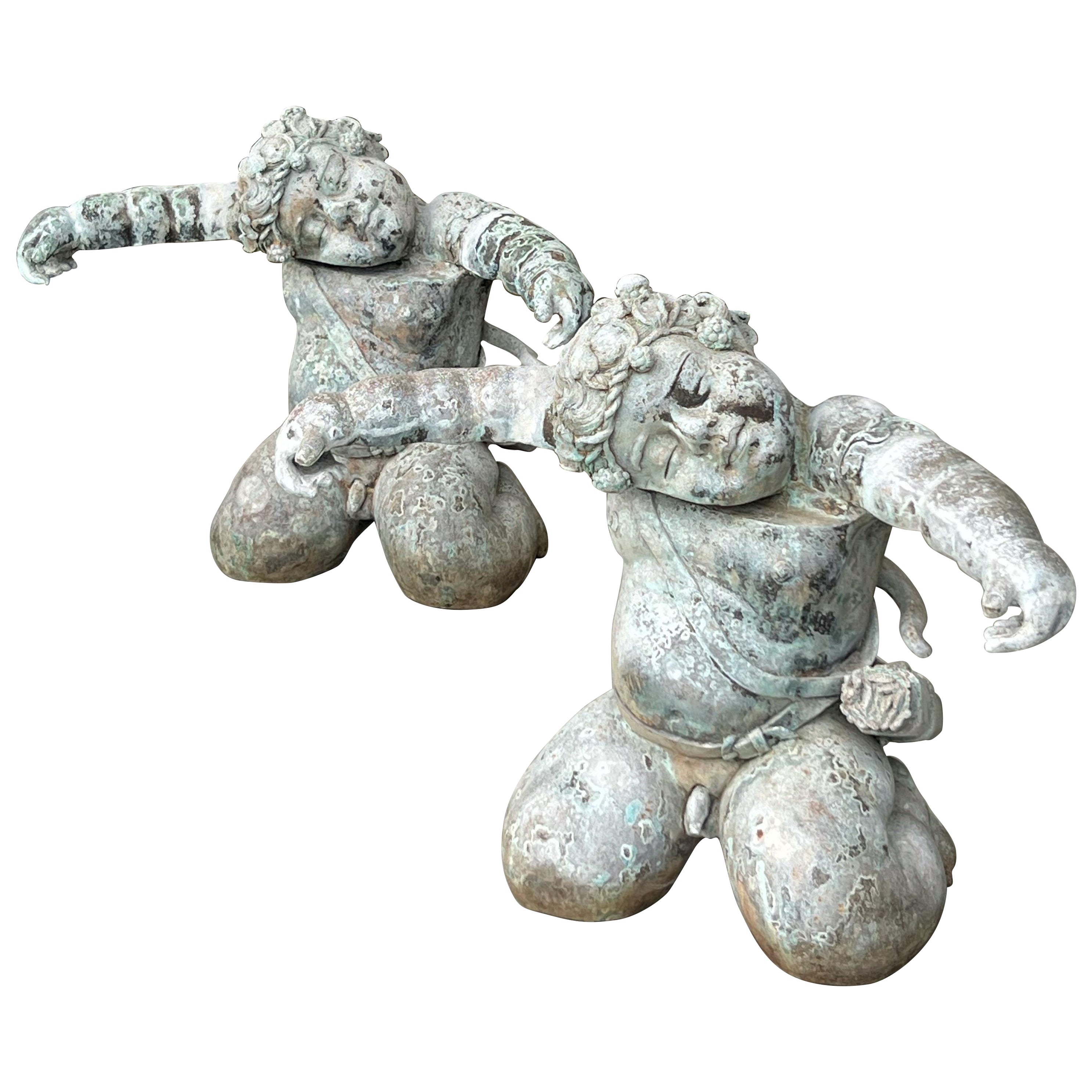 Pair of Bronze Sculpture Cherub Coffee Side Table
