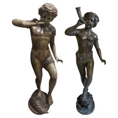 Pair of Bronze Sculptures "Faun" and "Urban Scugnizzo" 20th Century H. 127cm