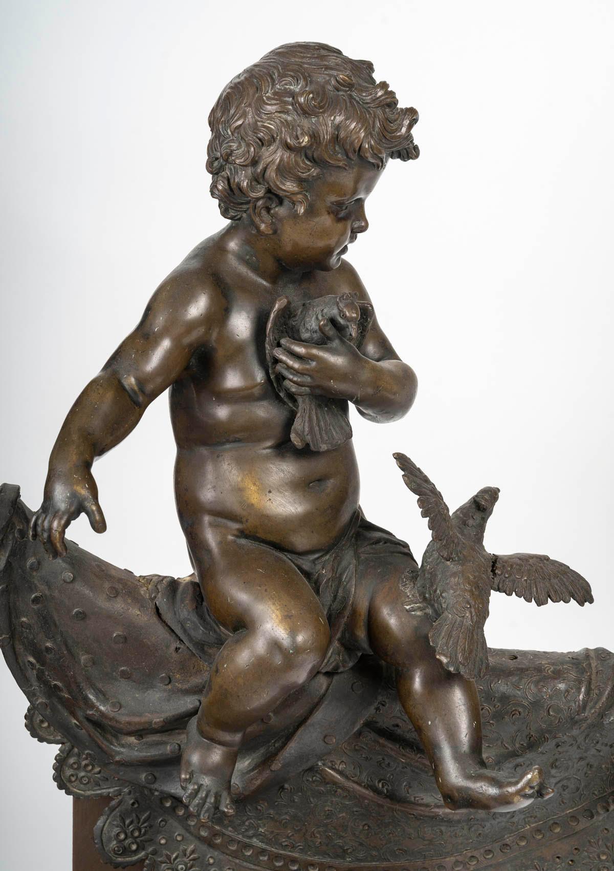 Pair of bronze sculptures, mounted on a wooden base, 19th century, Napoleon III period.

A pair of 19th century bronze sculptures, Napoleon III period, mounted on a wooden base representing 2 children with birds.
H: 66cm W: 47cm D: 23cm
