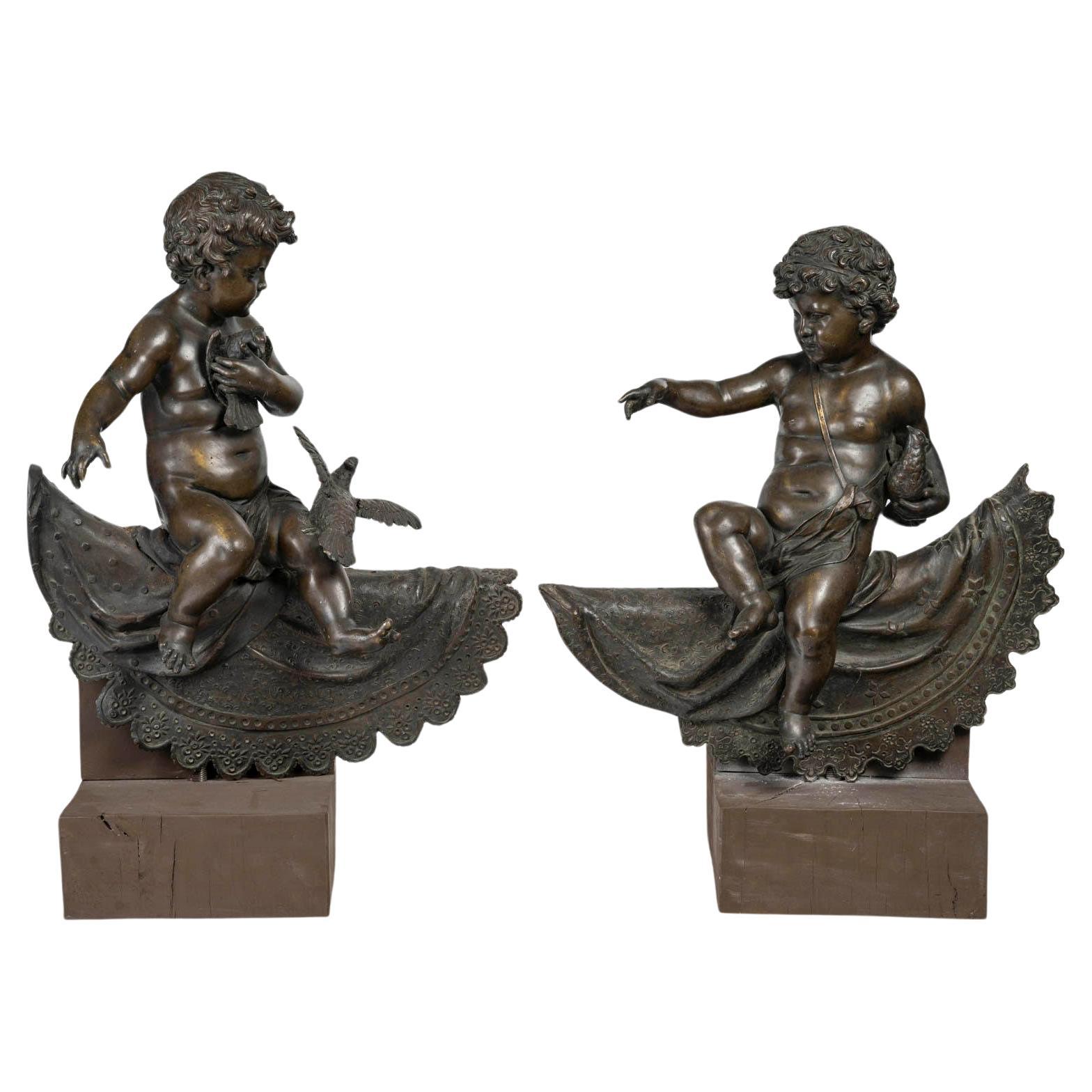 Pair of Bronze Sculptures, Mounted on a Wooden Base,  Napoleon III Period.  For Sale